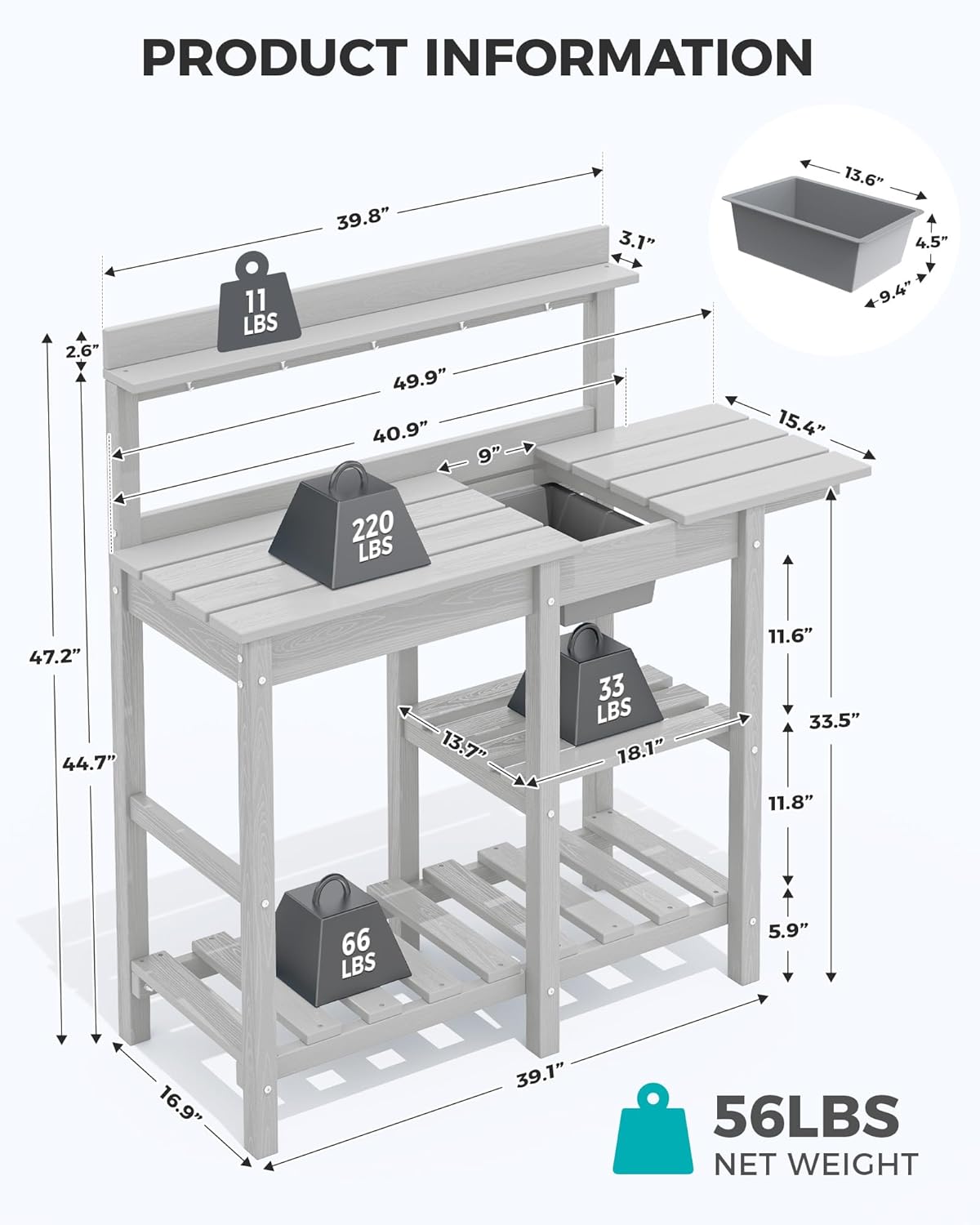 SERWALL Potting Bench Outdoor Potting Table with Sink, HDPE Potting Benches for Outside Gardening Table All Weather Use- Spanish Gray