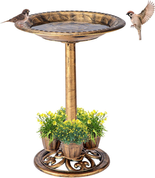 Bird Bath for Outside with 4 Removable Flower Planters 28in Polyresin Lightweight Vintage Birdbath for Outdoors Stake Standing Bowl and Water Feeder Yard Garden Decor Bronze
