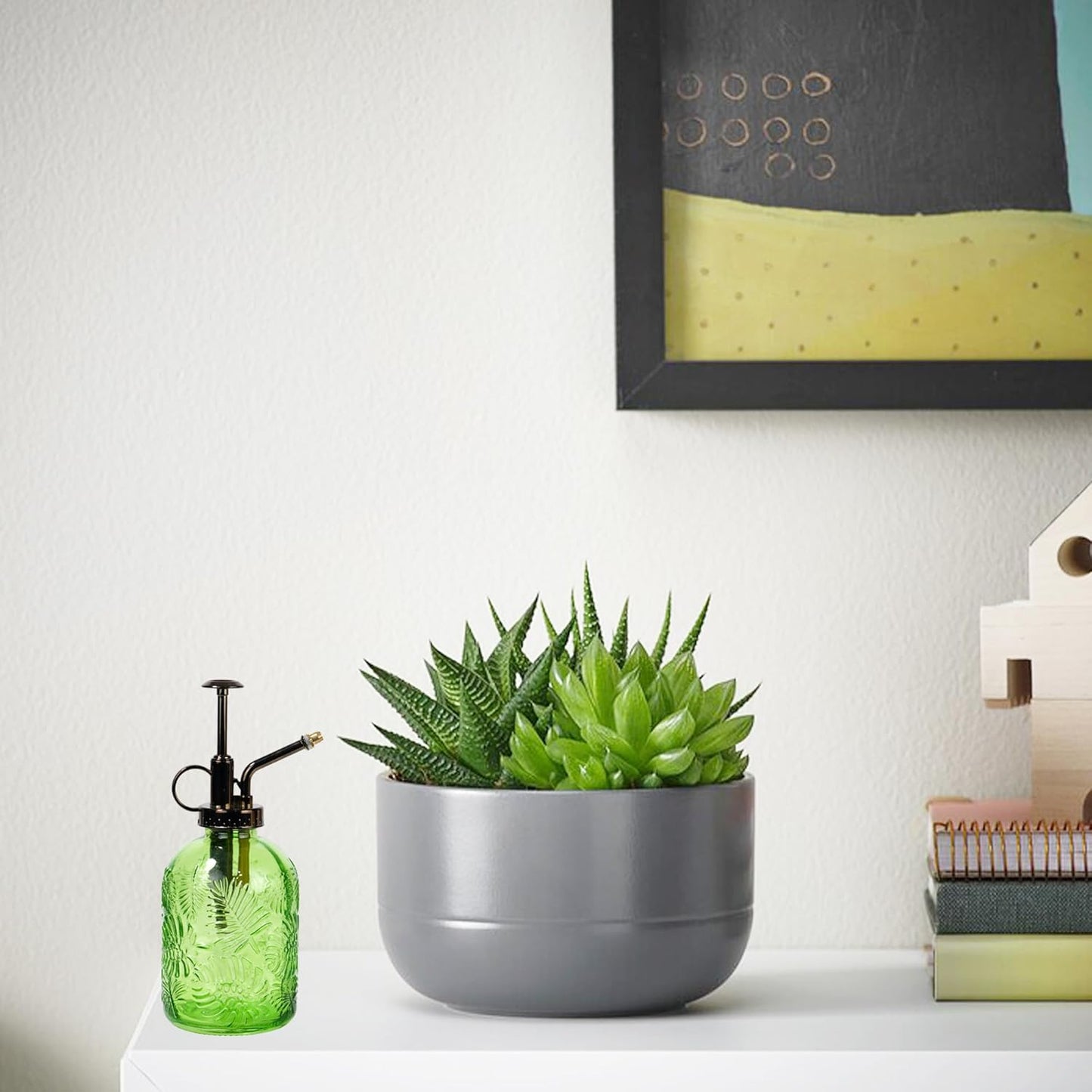 11.8 Ounce Glass Plant Spray Bottle, Glass Leaf Print One Handed Watering Can with Antique Brass Plastic One Handed Top Pump, 7.6 Inch Tall Indoor and Outdoor Plant Small Spray Bottle (Green)