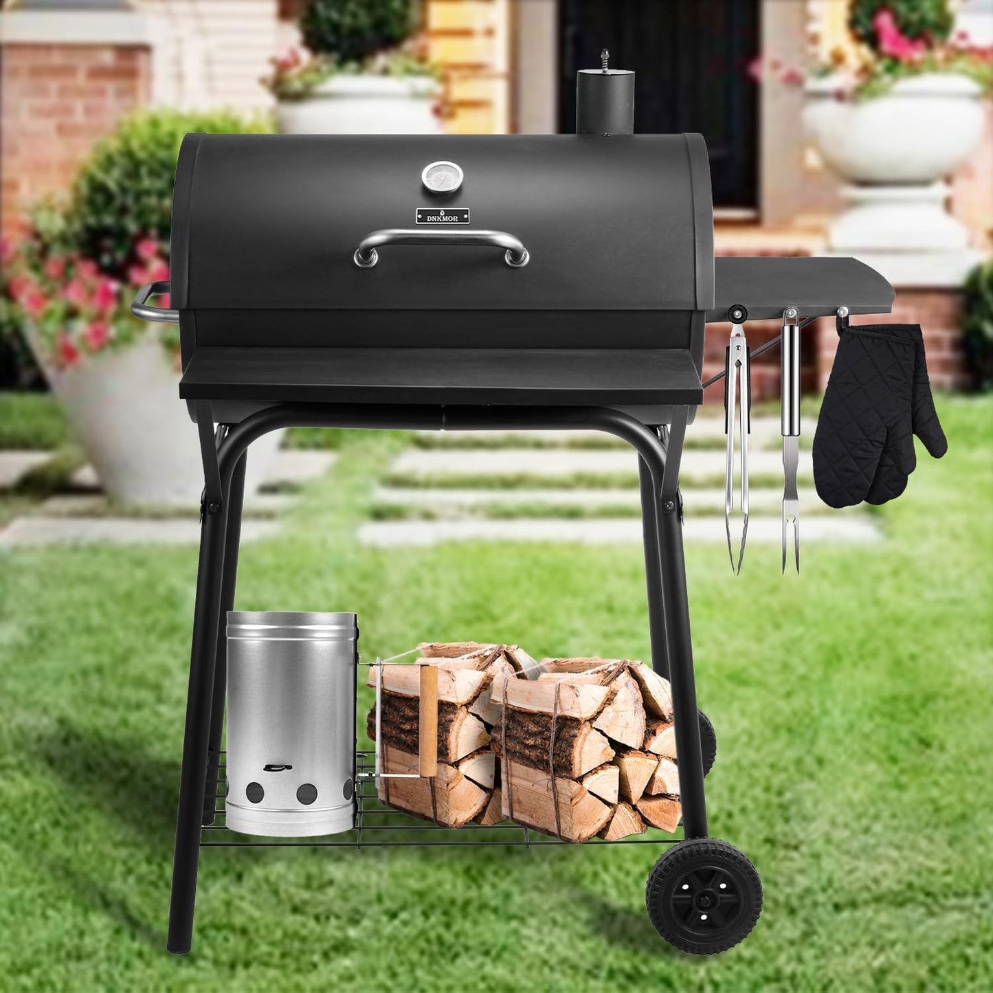 Charcoal Grills Outdoor BBQ Grill 30INCH Barrel Charcoal Grill with Side Table, 627 Square Inches, Outdoor Backyard Camping Picnics, Patio and Parties, Black by DNKMOR