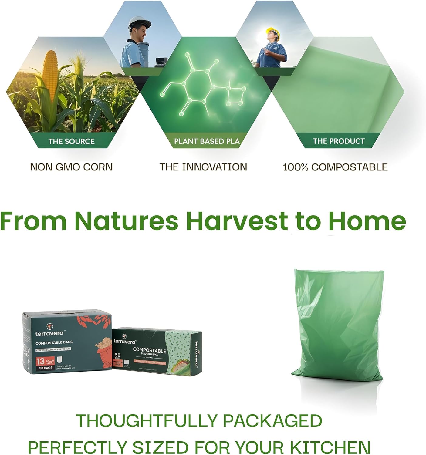 Compostable Trash Bags with Handles | BPI & OK Home Certified ASTM D6400 Standards | Heavy Duty Kitchen & Yard Waste Bags (13 Gallon Flat Top, 50 Count)