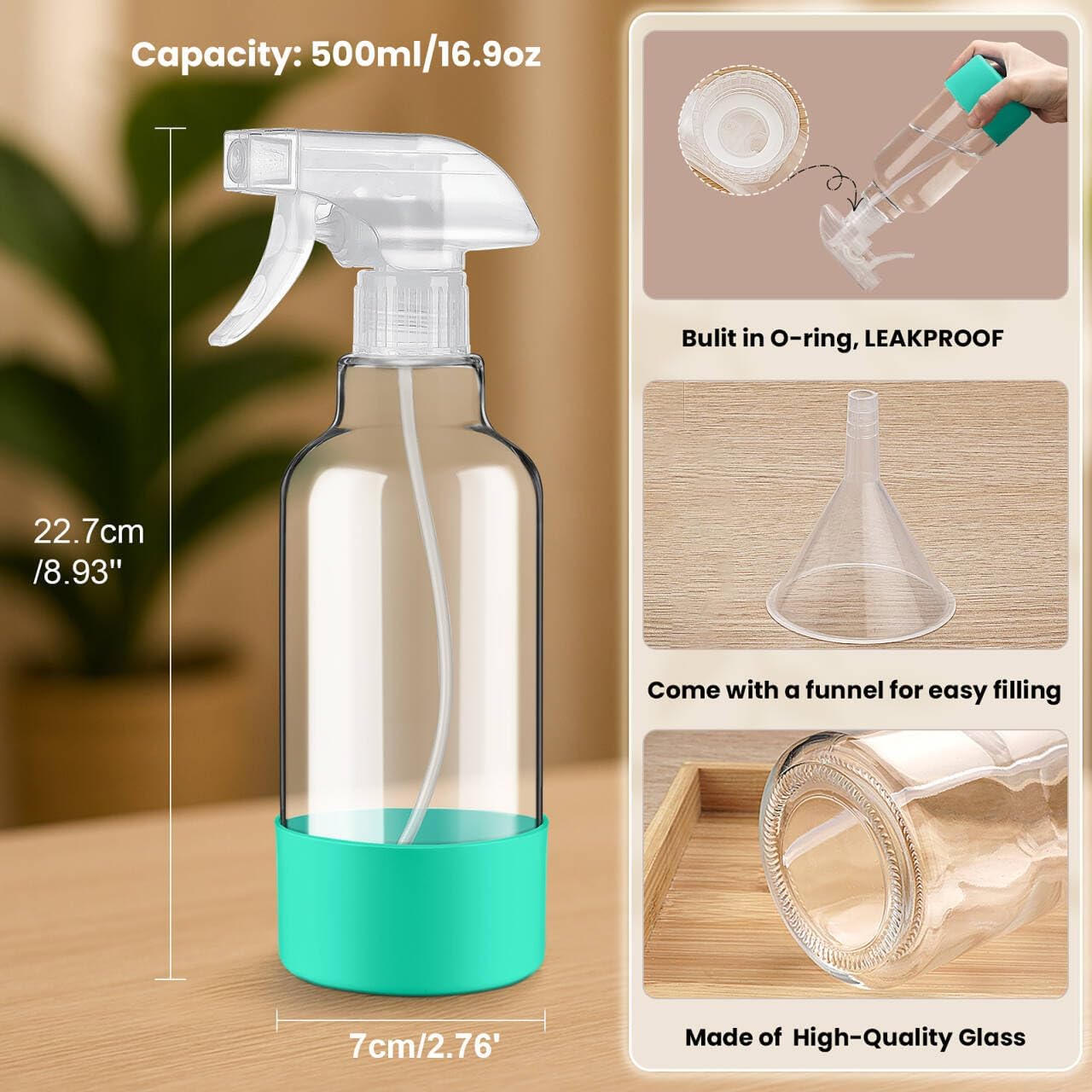 Glass Spray Bottles with Silicone Sleeve 16.9oz 2 Pack Empty Spray Bottle for Hair Mist/Stream Spraying for Cleaning Solutions, Plants, Essential Oils (clear-qblue&green)