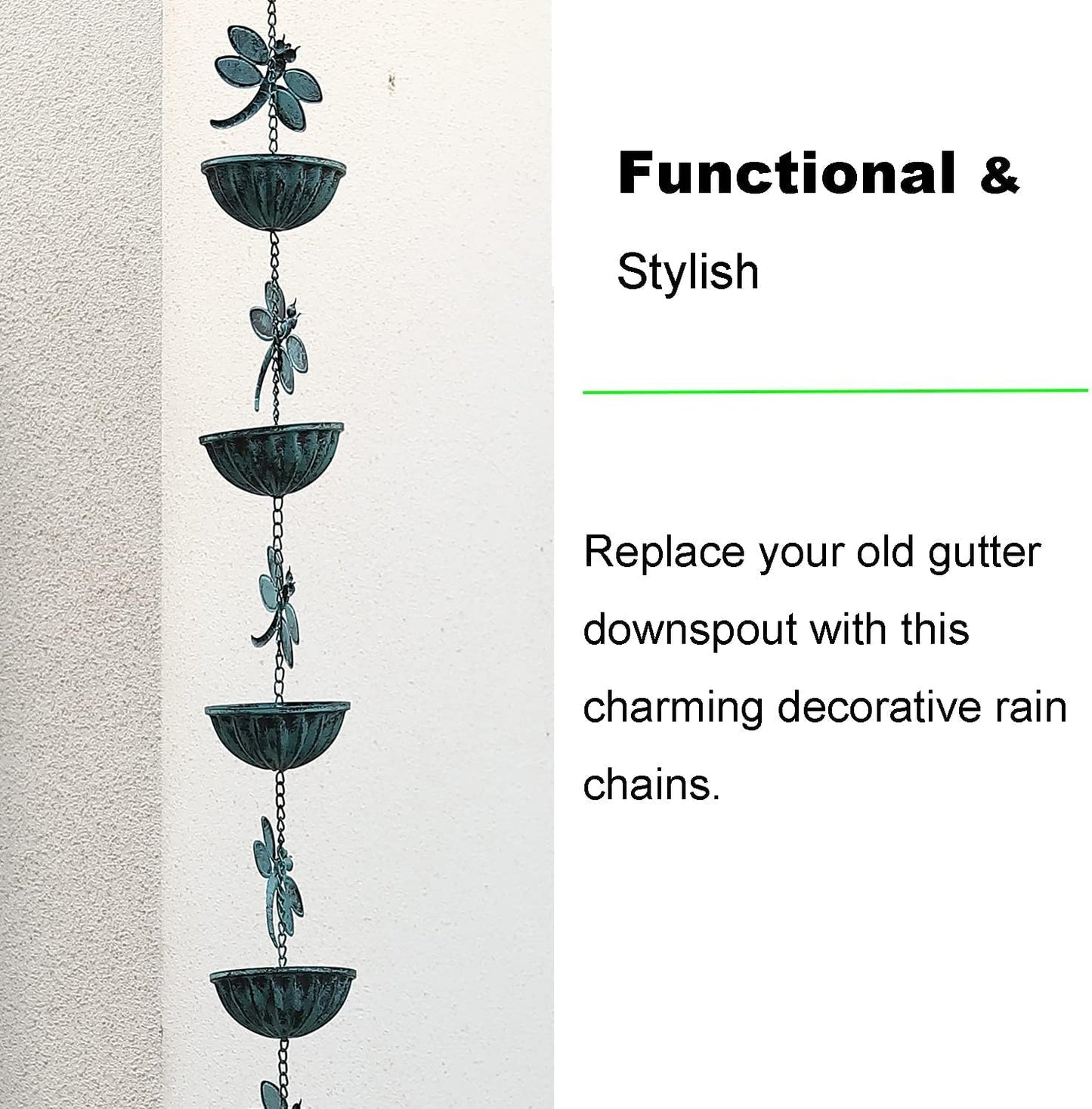 Iron Dragonfly & Cups Rain Chains, 12 Ft Replacement Downspout for Gutters, Antique Blue