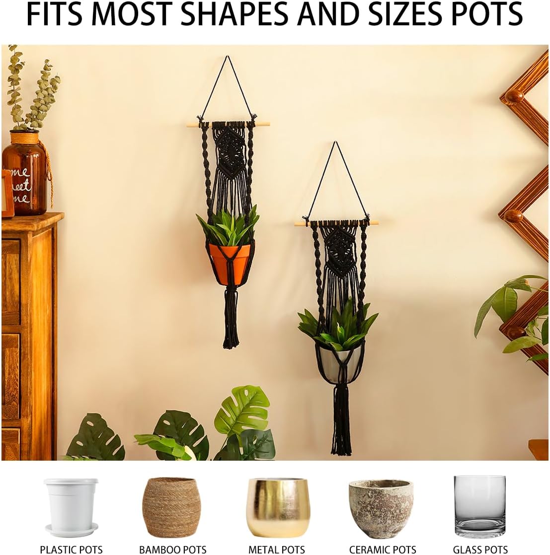 Artilady Black Plant Hanger Macrame Hanging Planter for Indoor Boho Plants Holder with Hooks Hanging Plant Basket Outdoor Window Wall Plants Home Decor