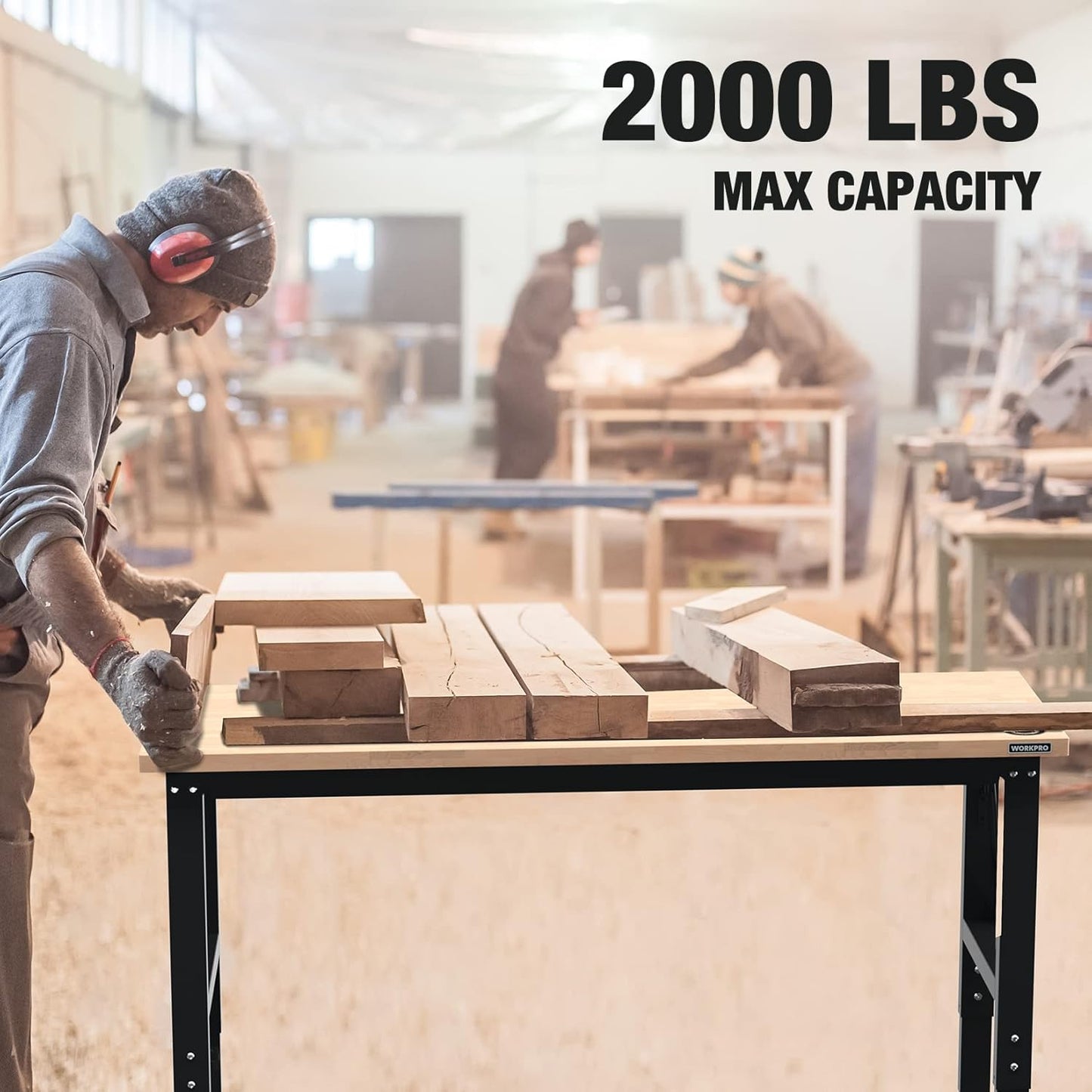 WORKPRO 60" Adjustable Workbench, Rubber Wood Top Heavy-Duty Workstation, 2000 LBS Load Capacity Hardwood Worktable with Power Outlets, for Workshop, Garage, Pack of 2