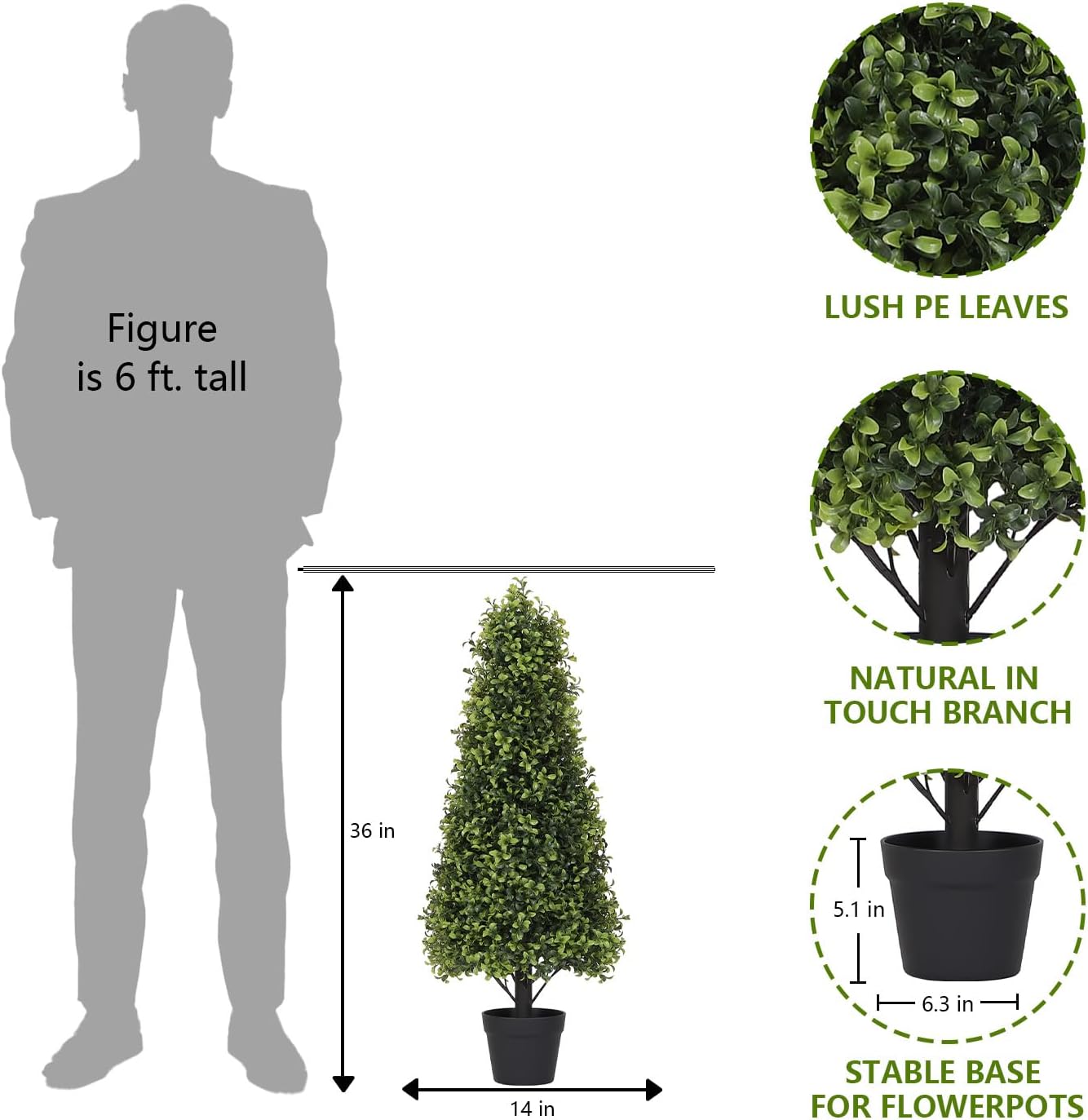 3ft Artificial Boxwood Topiary Trees (Set of 2) - UV Resistant Faux Plants Outdoor, Realistic 36in Fake Cone Bushes and Shrubs for Front Porch, Planter, Patio - Low Maintenance & Evergreen