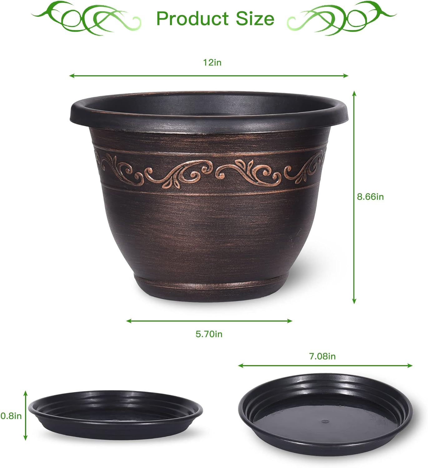 Plastic-Plant-Flower-Planters-12 Inch with Drainage Hole & Saucer, 3 Packs Lightweight Small Resin Flower Pot Indoor Outdoor, Retro Antique Imitation Decorative Garden Containers Sets for Houseplants