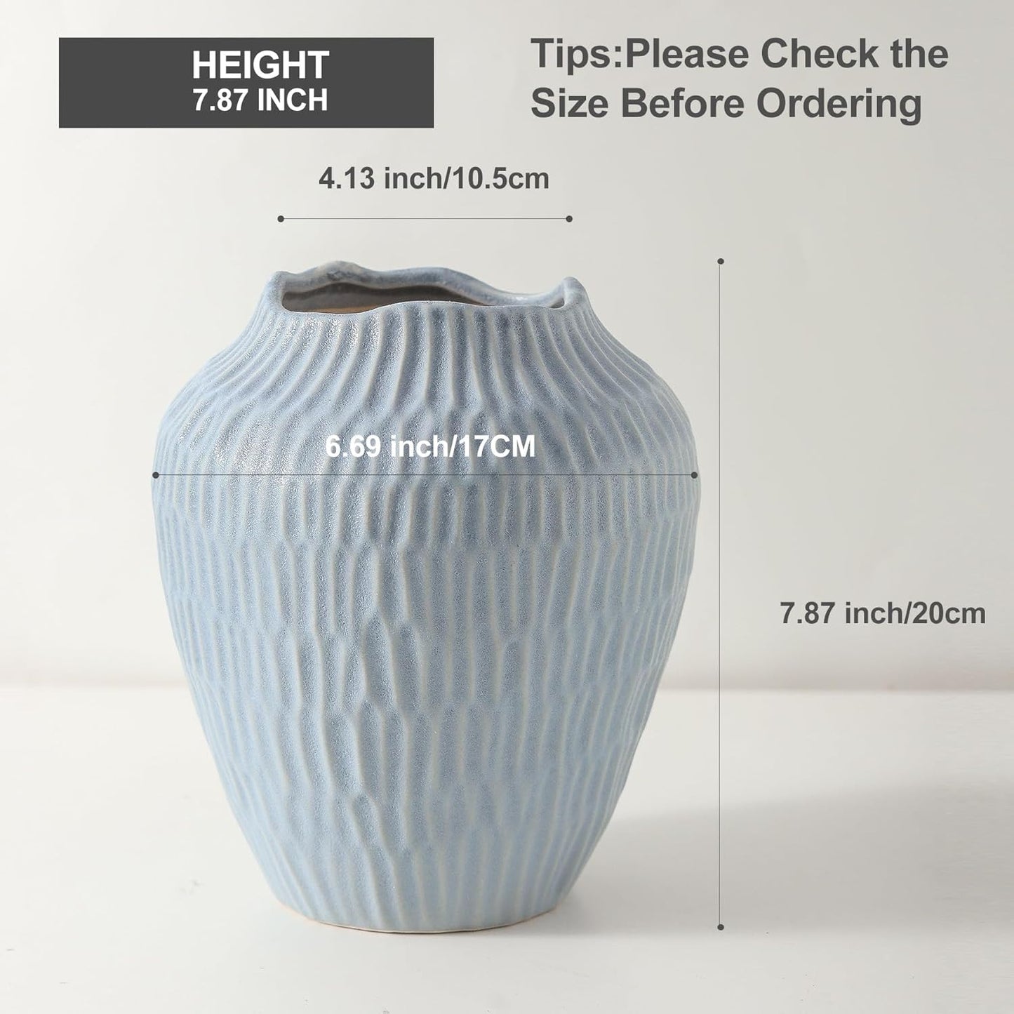 Ceramic Vase for Home Decor,7.8 Inch Flower Vases，Decorative Blue Vase for Pampas Grass，Modern Art Texture Vases for Home Entryway Living Room Dining Table Farmhouse Office Decor-Mat Blue