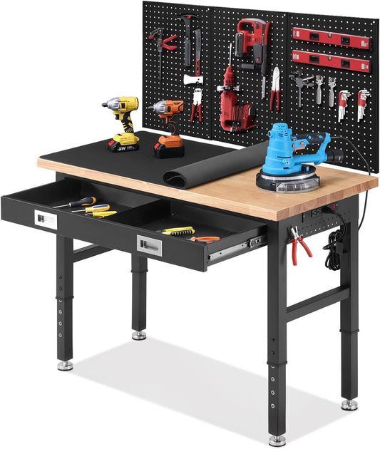 Work Bench with Storage Adjustable Workbenches with Drawer for Garage 48 Inch Rubber Wood Top Garage Workbench with Pegboard, Power Outlets for Woodworking,Home, Office, Workshop