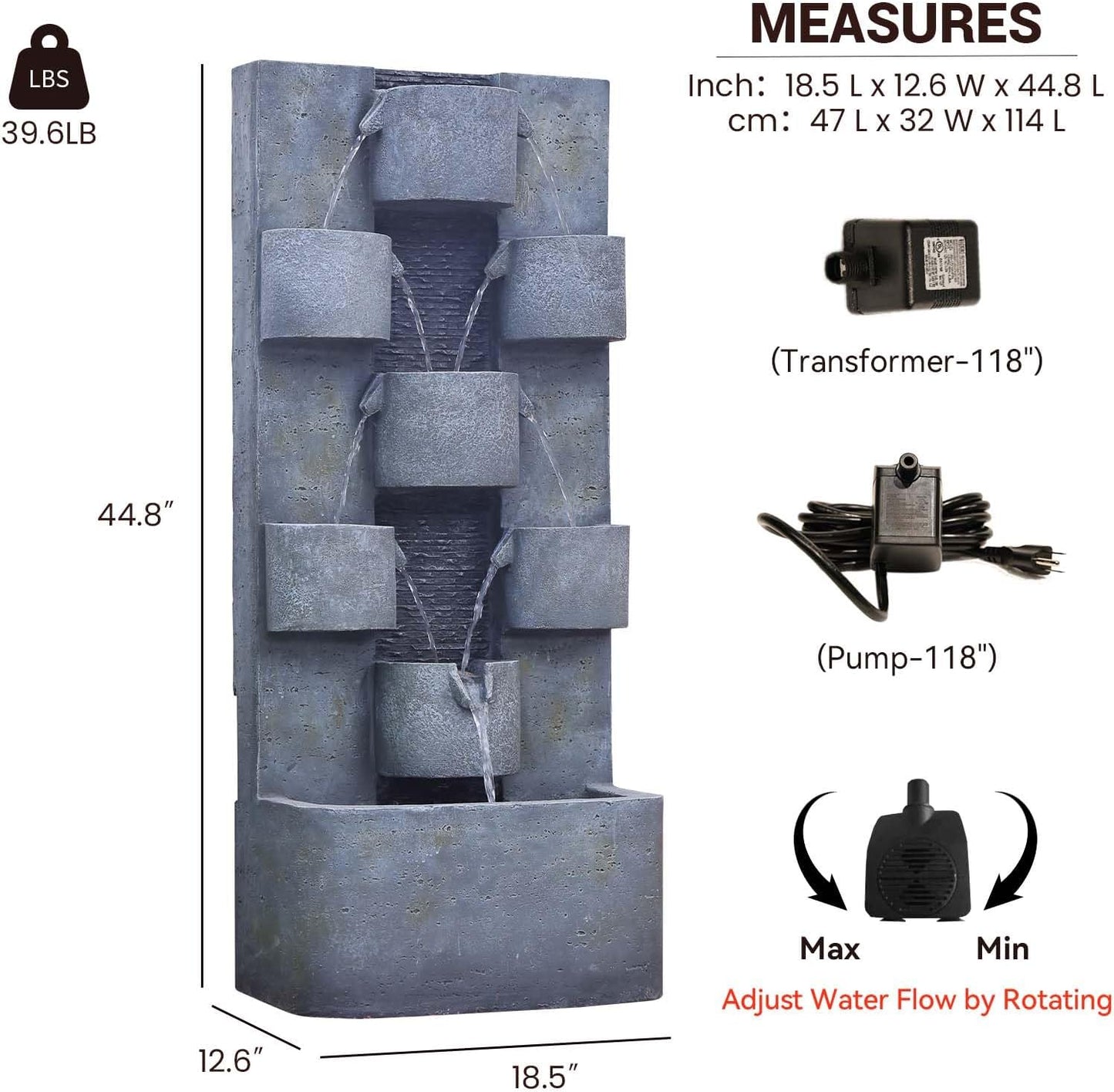 44.8" H Modern Outdoor Water Fountain with LED Lights and Pump, Mutiply-Tier Standing Cascading Waterfall - Modern Design for Garden,Patio,Yard, Multi-Level Outdoor Decor (Gray)