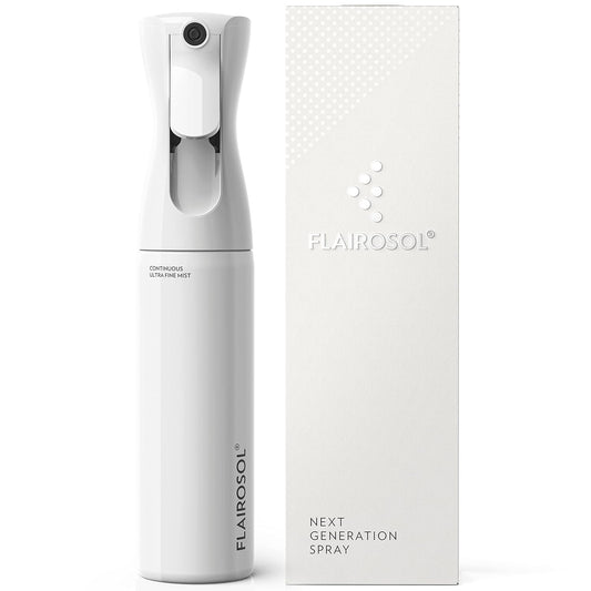 FLAIROSOL - The Original, Spray Bottle for Hair, Continuous Ultra Fine Water Mister Spray Bottle for Hairstyling, Barbers, Salons, Cleaning, Plants, 10.1oz/300ml, White Bottle - Black Print