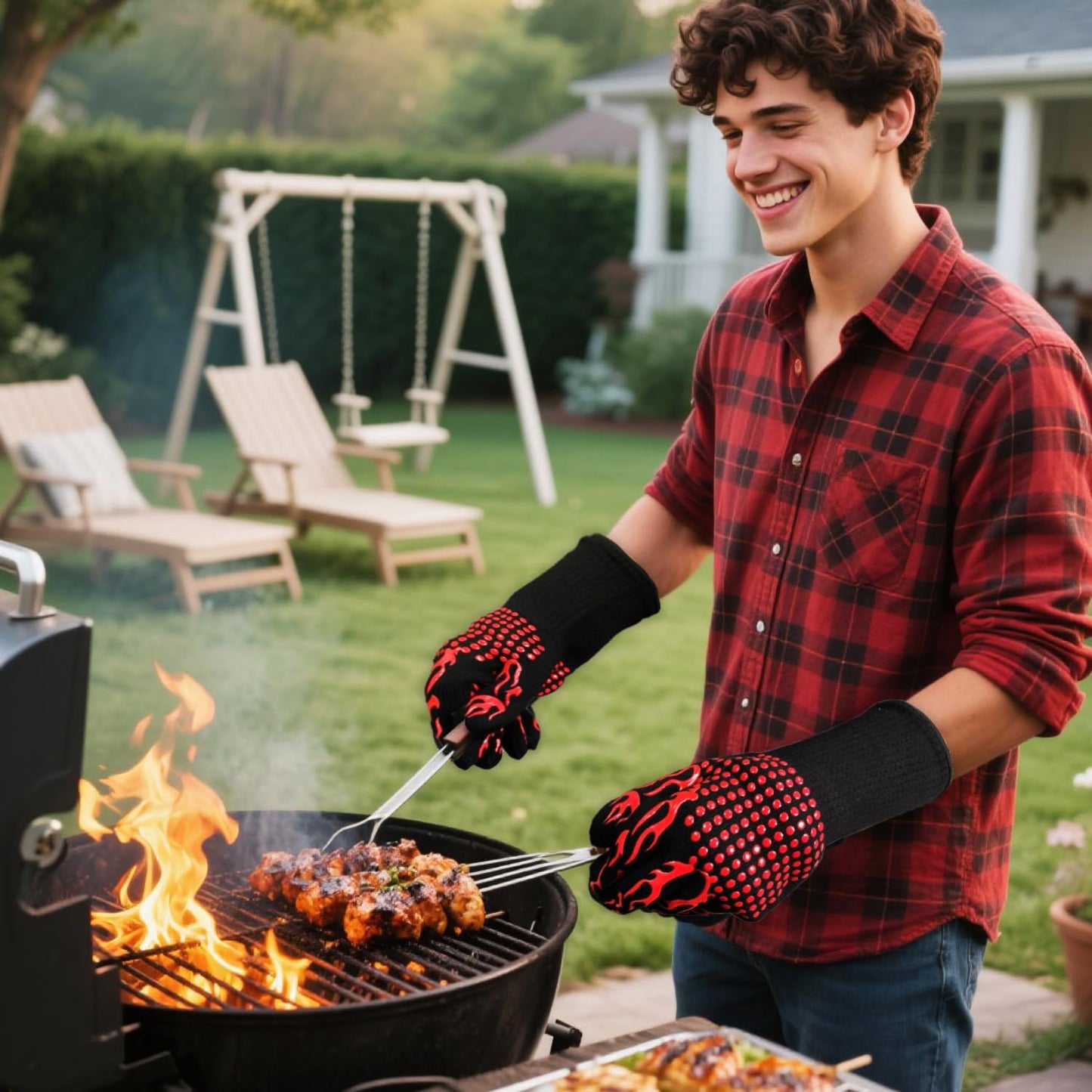 BBQ Gloves Fireproof, 1472°F/800°C F Heat Resistant Grill Cut-Resistant Mitts, Non-Slip Silicone Oven Gloves Long Kitchen Gloves for Barbecue Cooking Baking Cutting