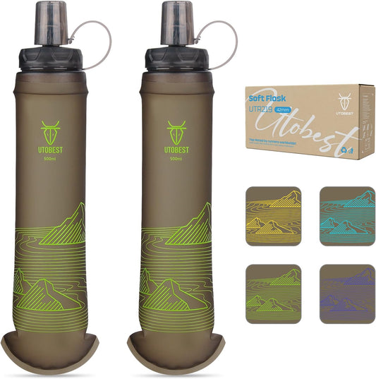 UTOBEST 500ml Soft Flask, 2 Pack Flexible TPU Hydration Water Bottle, Collapsible with 42mm Caliber for Running, Hiking, Cycling, Climbing, and Marathon Green