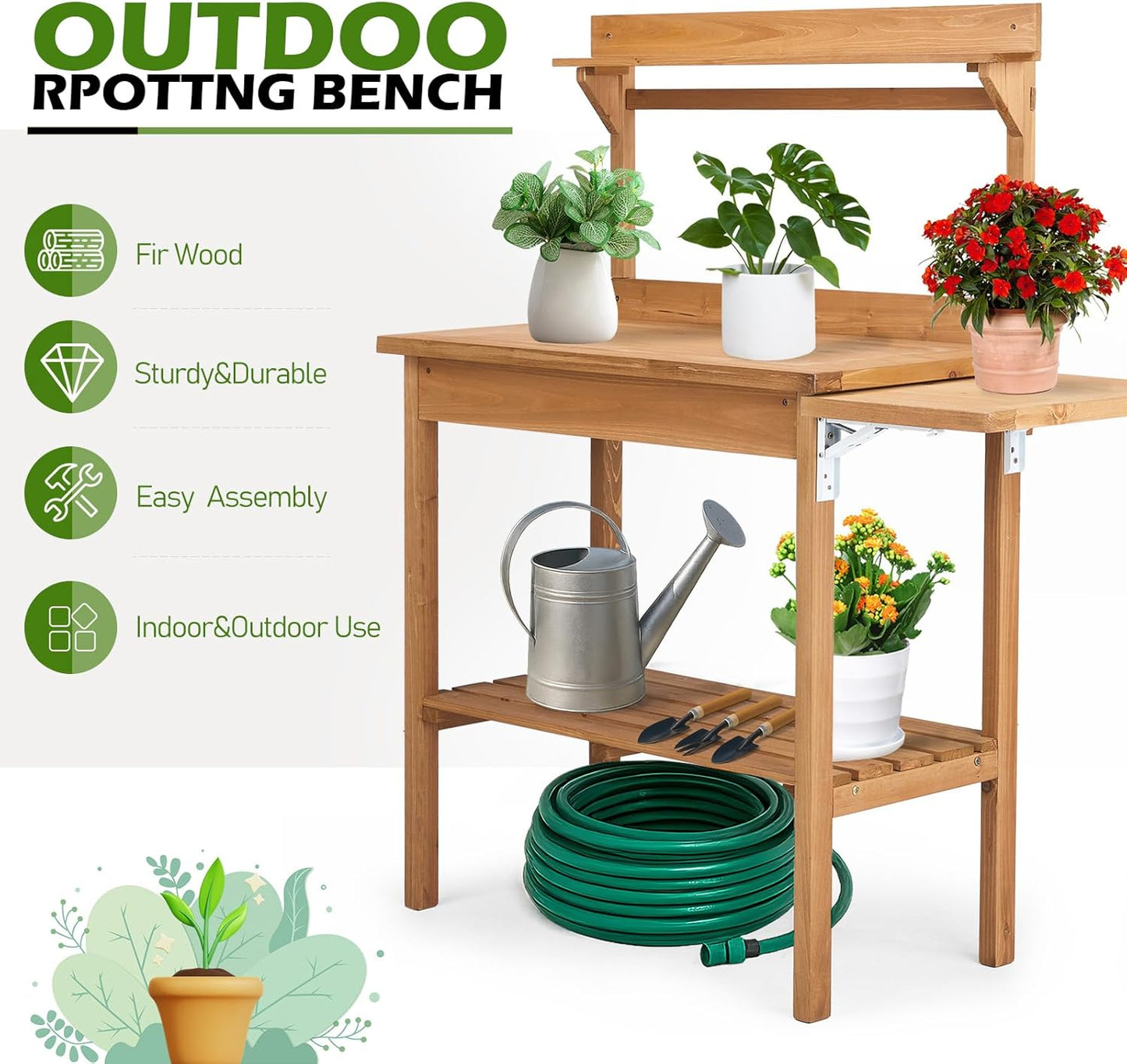 Outdoor Potting Bench Garden Work Station, Solid Wood Planting Table w/Sink Drawer Shelves,Metal Top, Folding Patio Furniture for Porch Balcony (45.3 x 17.9 x 51.2(Fir Wood Color))