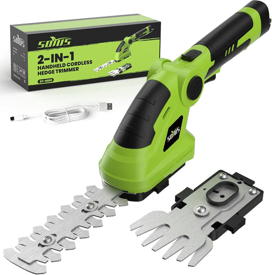SOYUS Cordless Hedge Trimmer, 2 in 1 Electric Hedge Trimmers & Grass Shears, 7.2V Lightweight Shrub Trimmer Cordless with Battery and Charger, Ideal for Garden, Yard and Lawn - Green