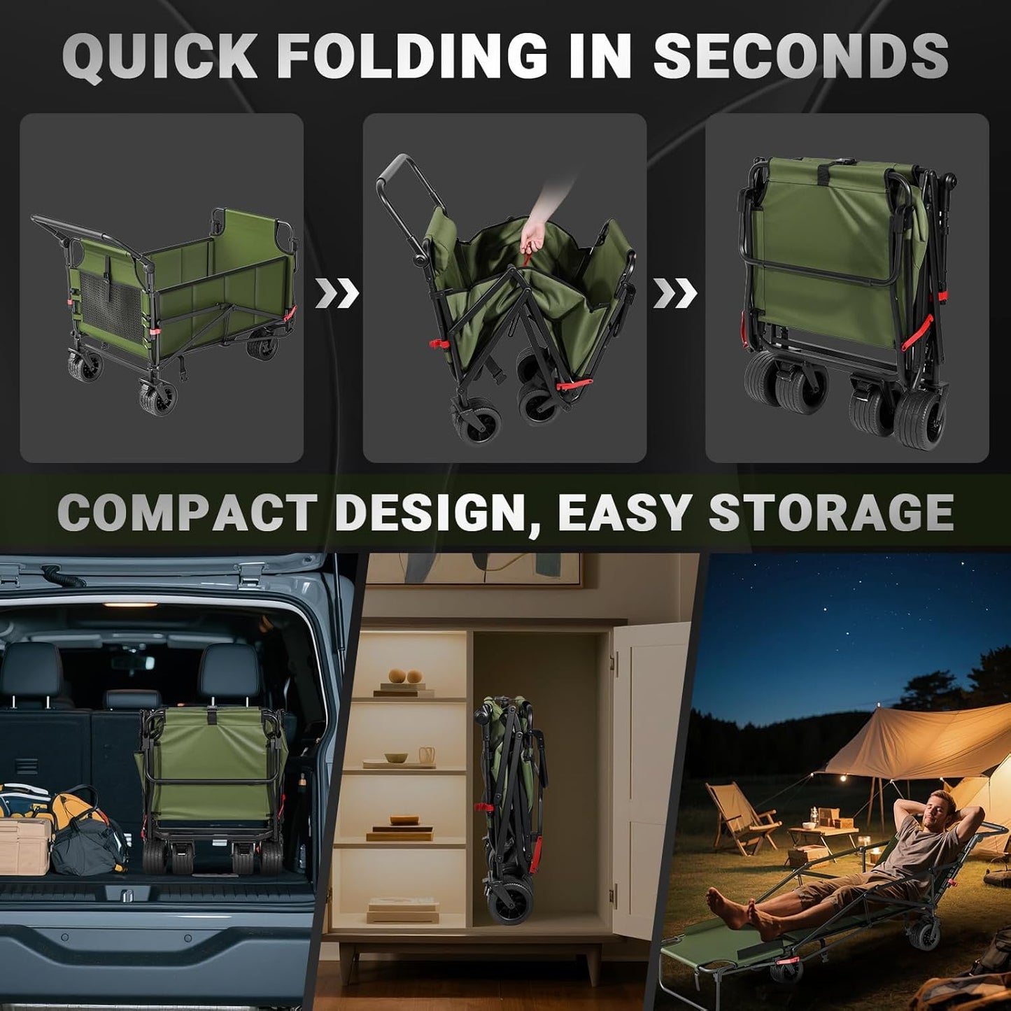 LEVELEVE Heavy Duty Folding Wagon - 2-in-1 Collapsible Cart, 650lb Capacity, All-Terrain Wheels w/Brakes & Side Pockets (Army Green)