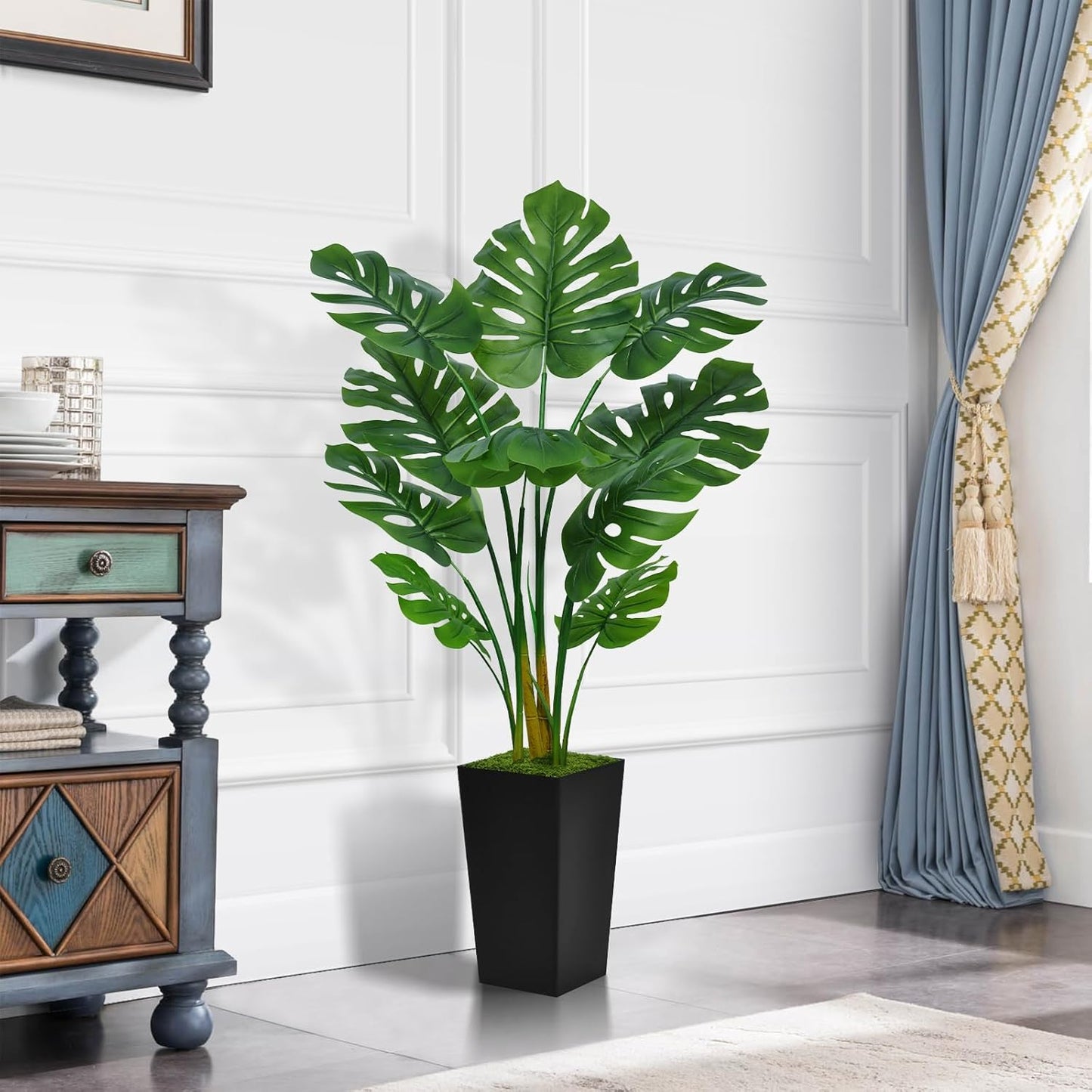 Artificial Monstera Deliciosa Plant 5FT - Faux Tropical Palm Tree with Black Tall Planter - Fake Swiss Cheese Floor Plant in Pot - Artificial Tree for Home Office Living Room Decor Indoor