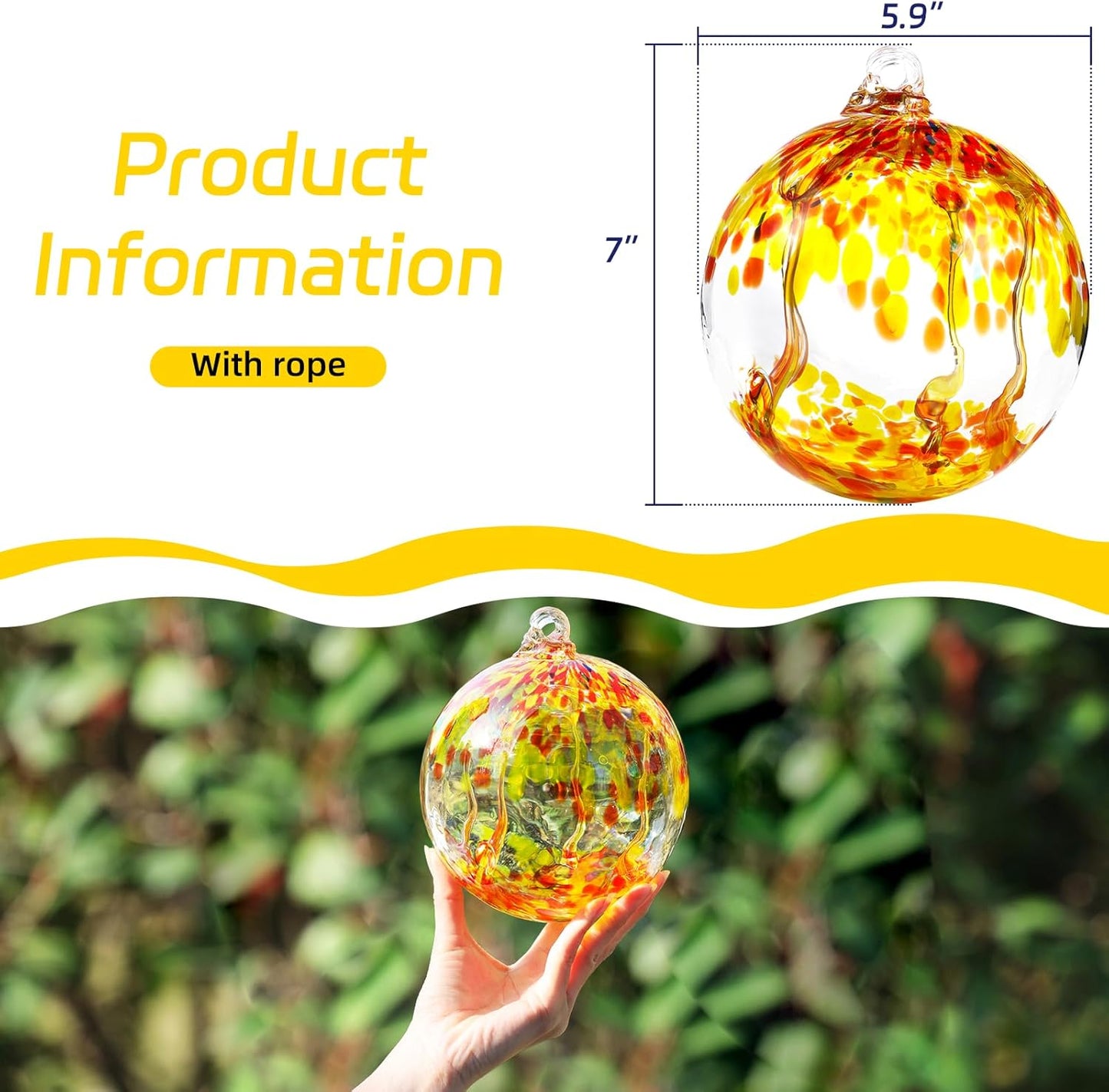 VOREEN 6" Hanging Glass Garden Gazing Ball Hand Blown Glass Witch Ball Christmas Ornament Friendship Balls for Outdoor Garden Patio Window Home Décor, Gift for Mom Wife Friend, Orange