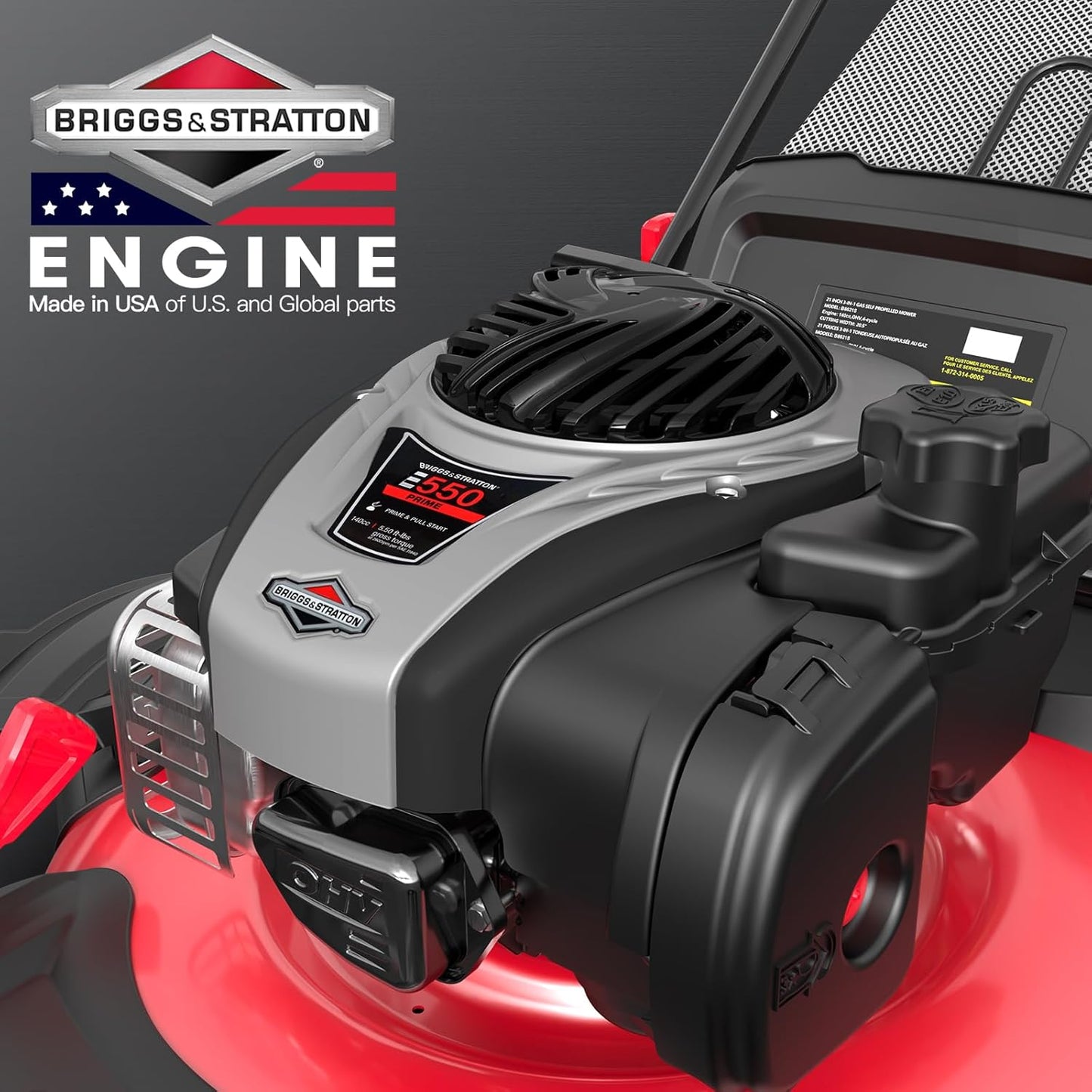 PowerSmart Gas Lawn Mower 21-inch with 140cc Briggs and Stratton E550 Engine, 3-in-1 Push Mower with Mulch, Bagger, Side-Discharge