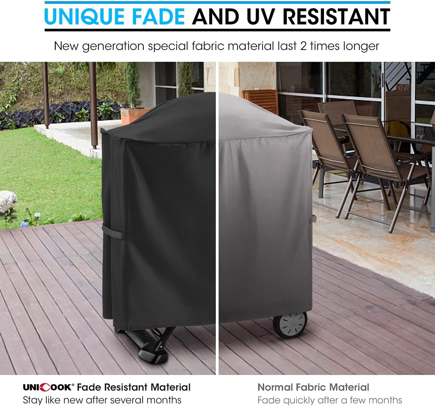 Unicook Grill Cover for Weber Q 100/1000 Q 200/2000 Grills with Q Portable Cart, Compared to Weber 7113, Heavy Duty Waterproof Full Length BBQ Cover, Outdoor Fade Resistant Material, Black