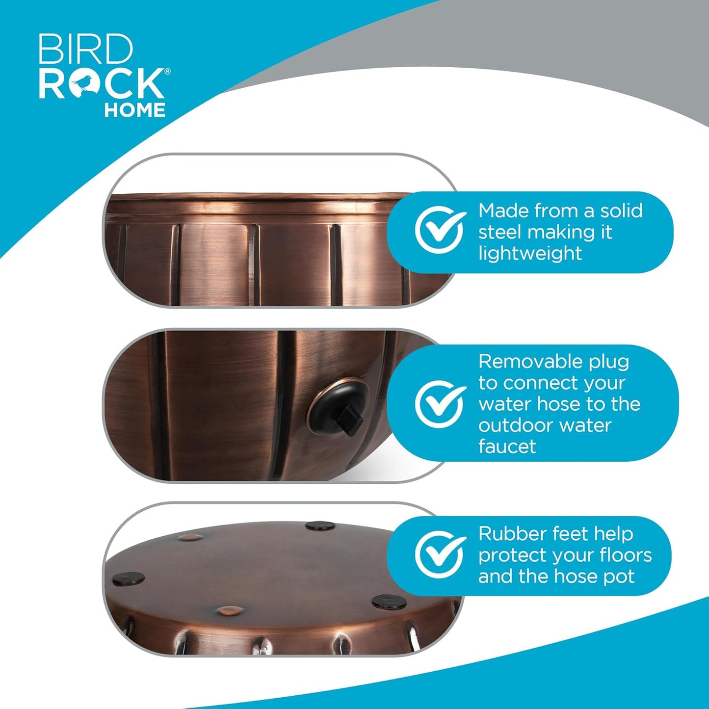 BIRDROCK HOME Water Hose Holder - Decorative Metal Pot, Indoor or Outdoor, Garden Storage Organizer, Patio Portable Bucket - Antique Copper, Holds up to 100ft Hoses, Medium No Lid