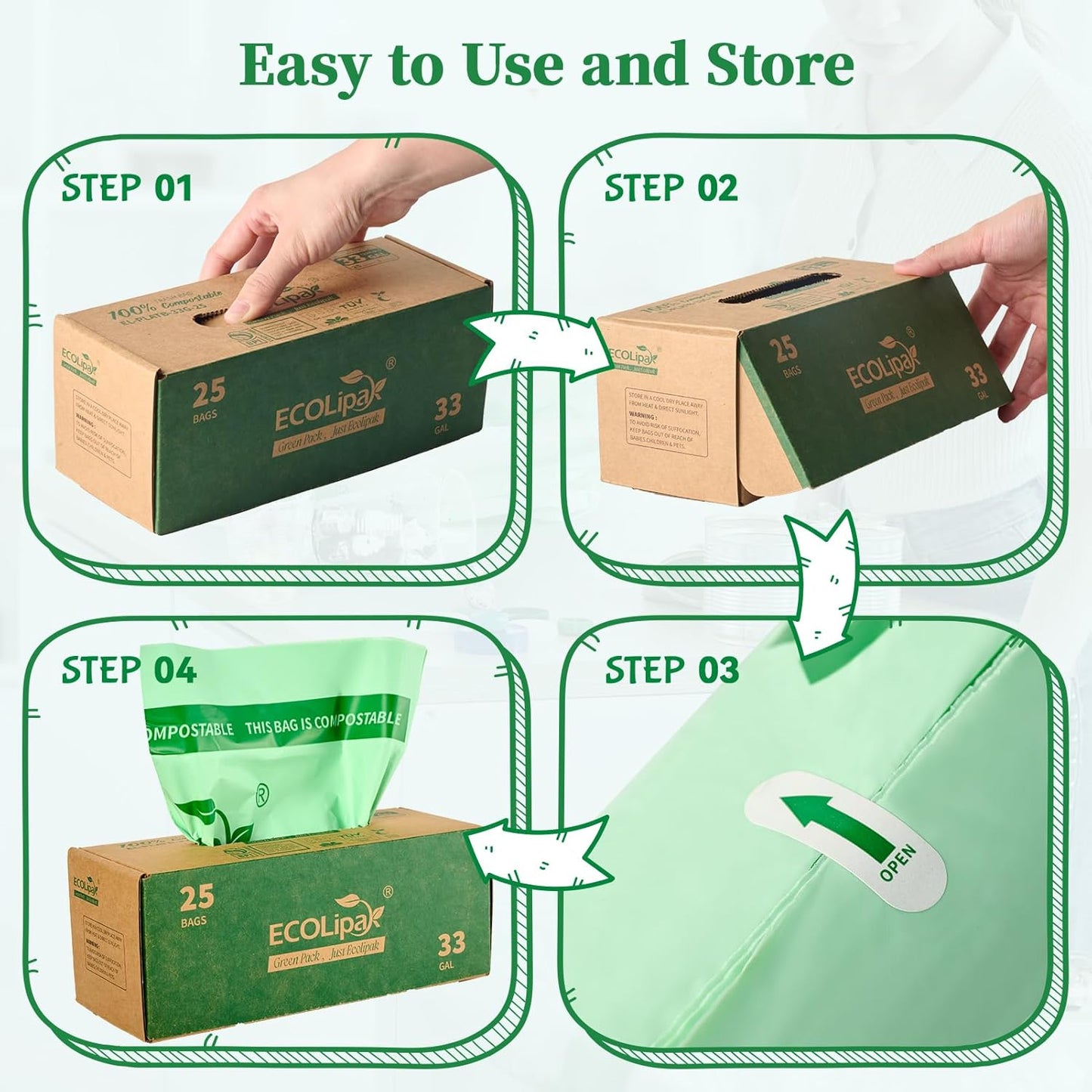 ECOLipak 33 Gallon Compostable Trash Garbage Bags, 25 Count (1 Roll) Biodegradable Heavy Duty Large Outdoor Trash Bags for Lawn/Yard, US BPI ASTM D6400 and OK Compost Home Certified