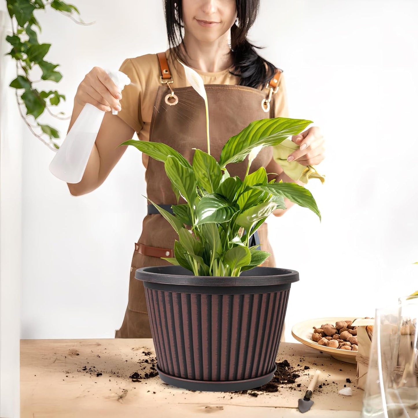 10 Inch Planter-Pots-for-Plants-Indoor-Outdoor, 4 Pack Plastic Flower Pots with Saucer & Drainage Holes, Modern Decorative Resin Garden Pots