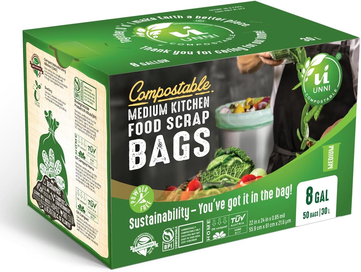 UNNI Compostable Trash Bags, 8 Gallon / 30 Liter, 50 Count, Extra Thick 0.85 mil Medium Kitchen Food Scrap Bin Liners, Certified by BPI, CMA & OK compost HOME, Meets the ASTM D6400 Standard