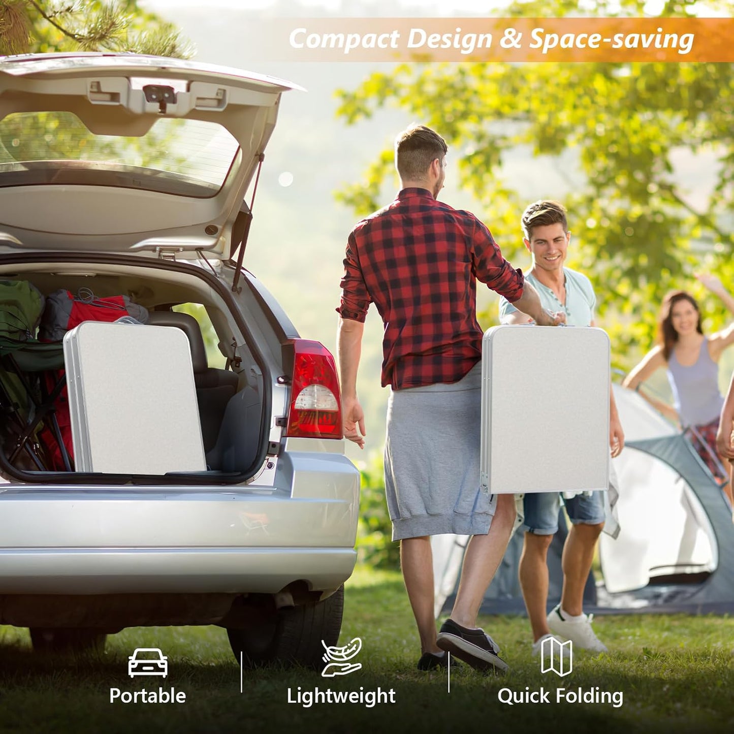 Outvita Portable Camping Table with Storage, Outdoor Aluminum Folding Camping Table with 3 Adjustable Height, Foldable Camp Tables for Backyards BBQ Party Picnic Beach Indoor, White