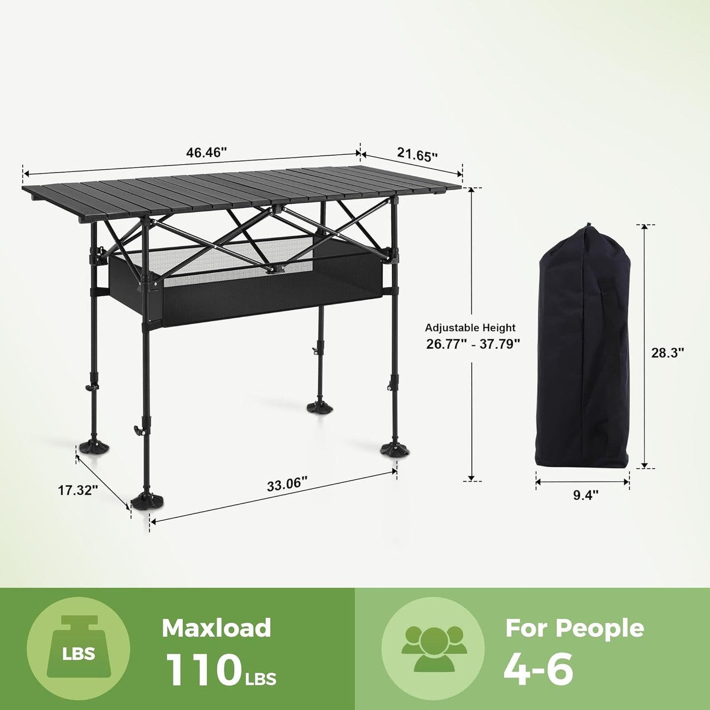 LET'S CAMP Folding Camping Table, Portable Aluminum Roll-up Picnic Backpacking Table with Adjustable Height, Large Storage and Carrying Bag for Picnic, Camping, BBQ, Party, Backyard, Beach