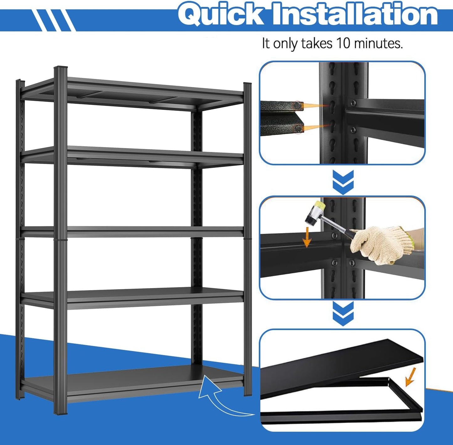 Garage Shelving 3000LBS Metal Storage Shelves 5-Tier Adjustable Shelving Units Garage Storage Shelves Heavy Duty for Industrial, Warehouse, Basement, Commercial, Black