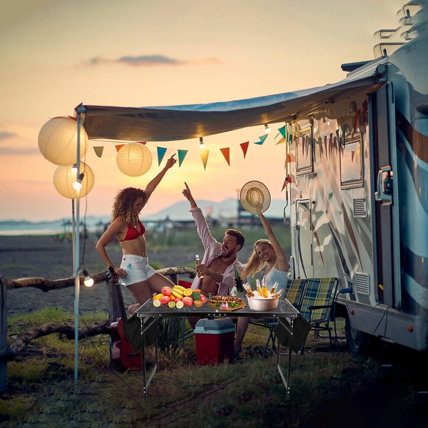 Grill Table 4FT Camping Table with 7/15 L Storage Bag 3 Height Adjustable Picnic Table Foldable Folding Portable Stand Mesh Outdoor BBQ