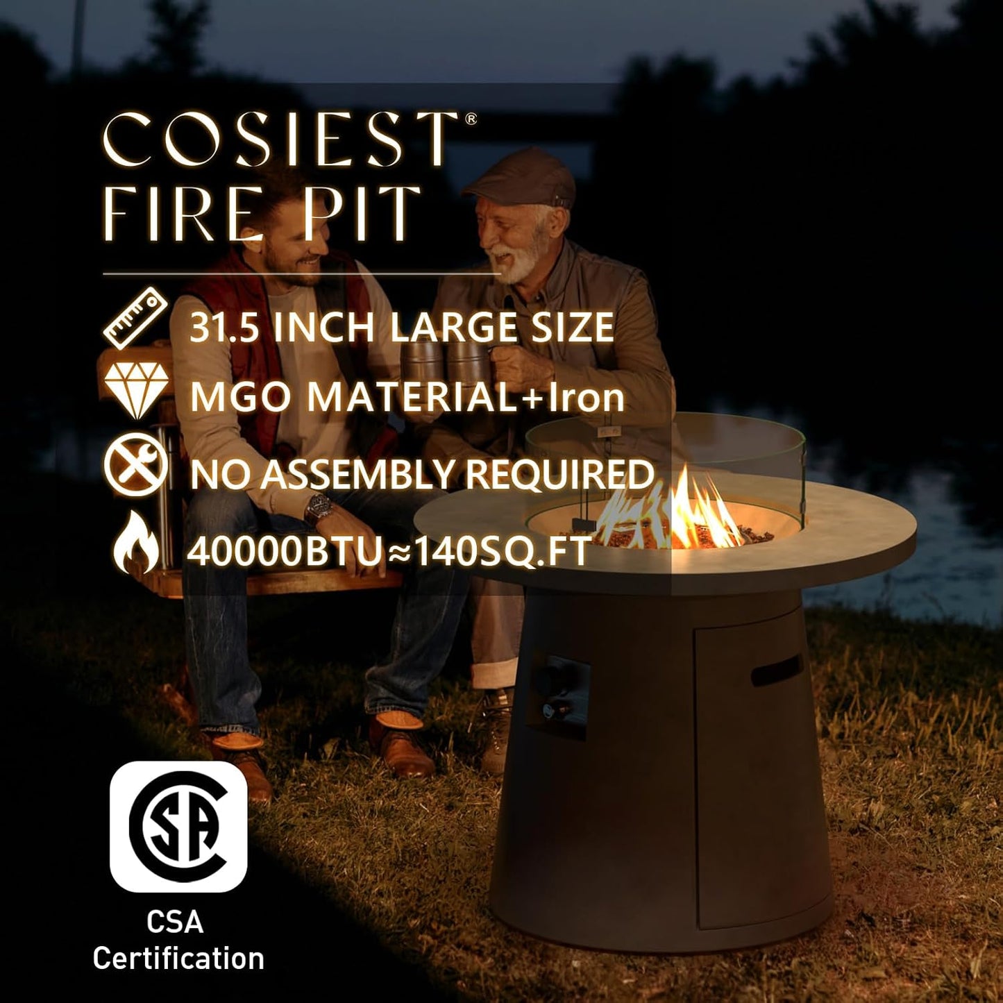 COSIEST 31.5-inch Round Fire Pit, Magnesium Oxide Outdoor Propane Fire Table, CSA Certified, 40,000 BTU Stainless Steel Burner, Free Lava Rocks, Fits 20lb Tank Inside