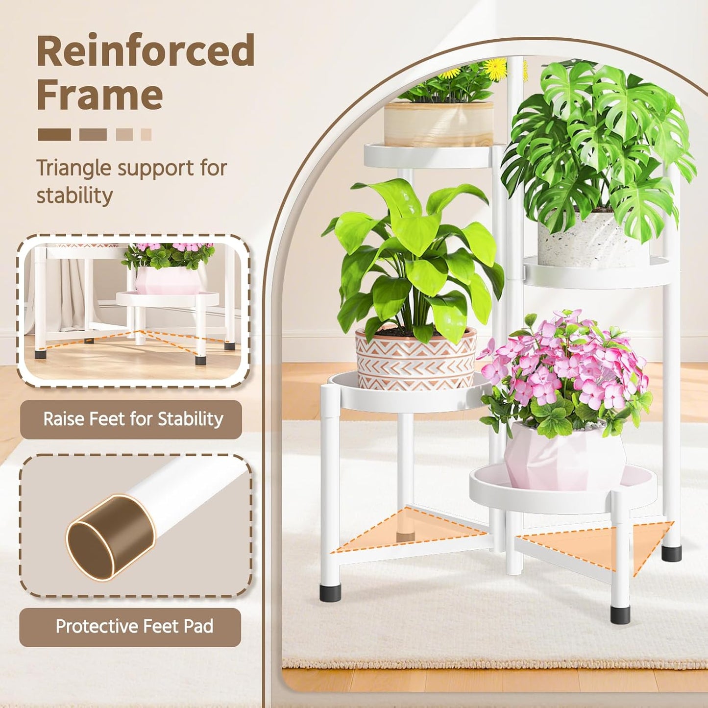 LASZOLA 5 Tiered Folding Plant Stand Indoor for Multiple Large Planter, Tall Heavy Duty Adjustable Rack with Rust Proof 10 Inch Wide Tray, Sturdy Vertical Tree Organizer for Narrow Inside Floor, White