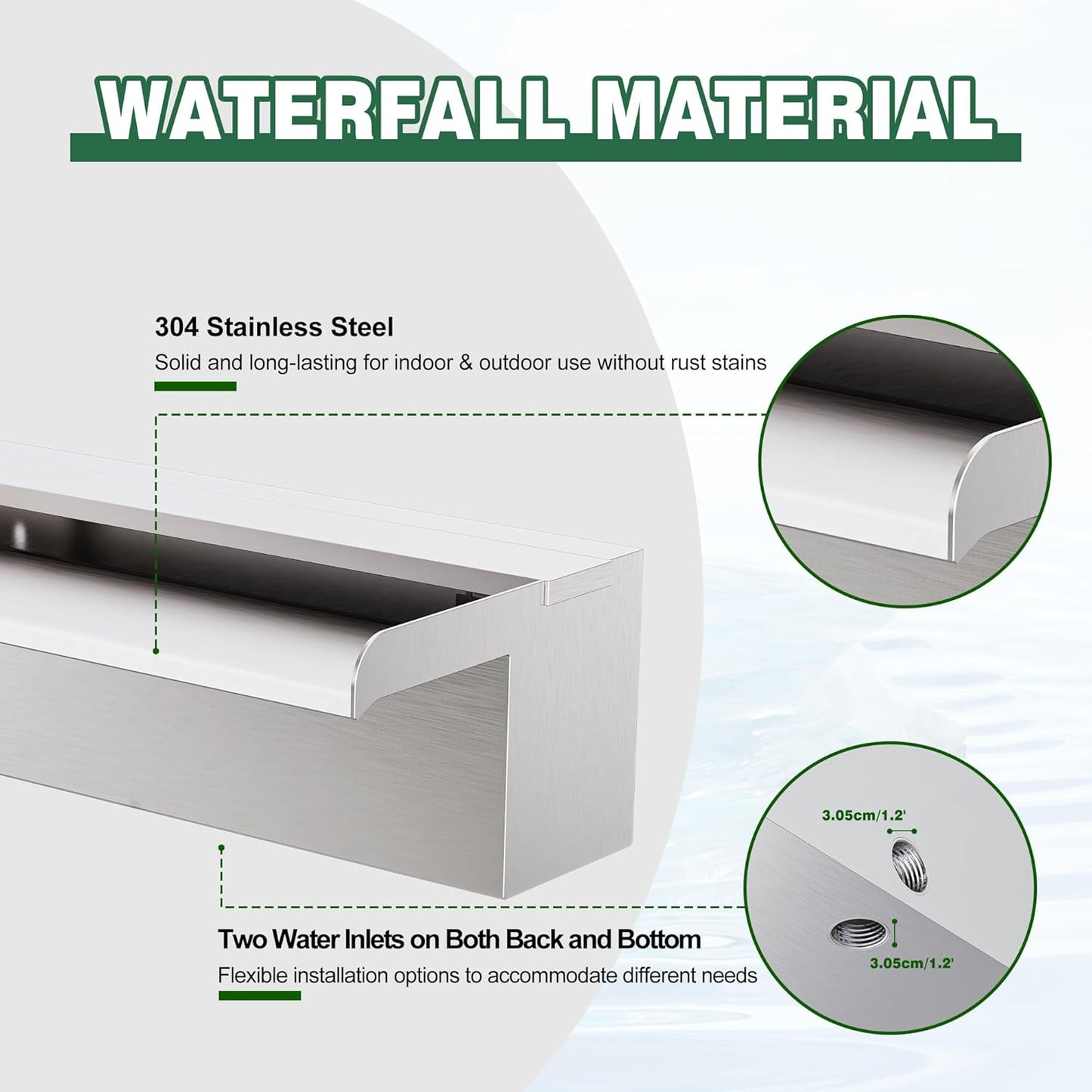 Waterfall Pool Fountain LONGRUNNEW 304 Stainless Steel 23.6" Rectangular Waterfall Spillway, Water Fall Fountain with Pipe Connector for Garden Outdoor, Swimming Pools, Fountains, Pond and Spa