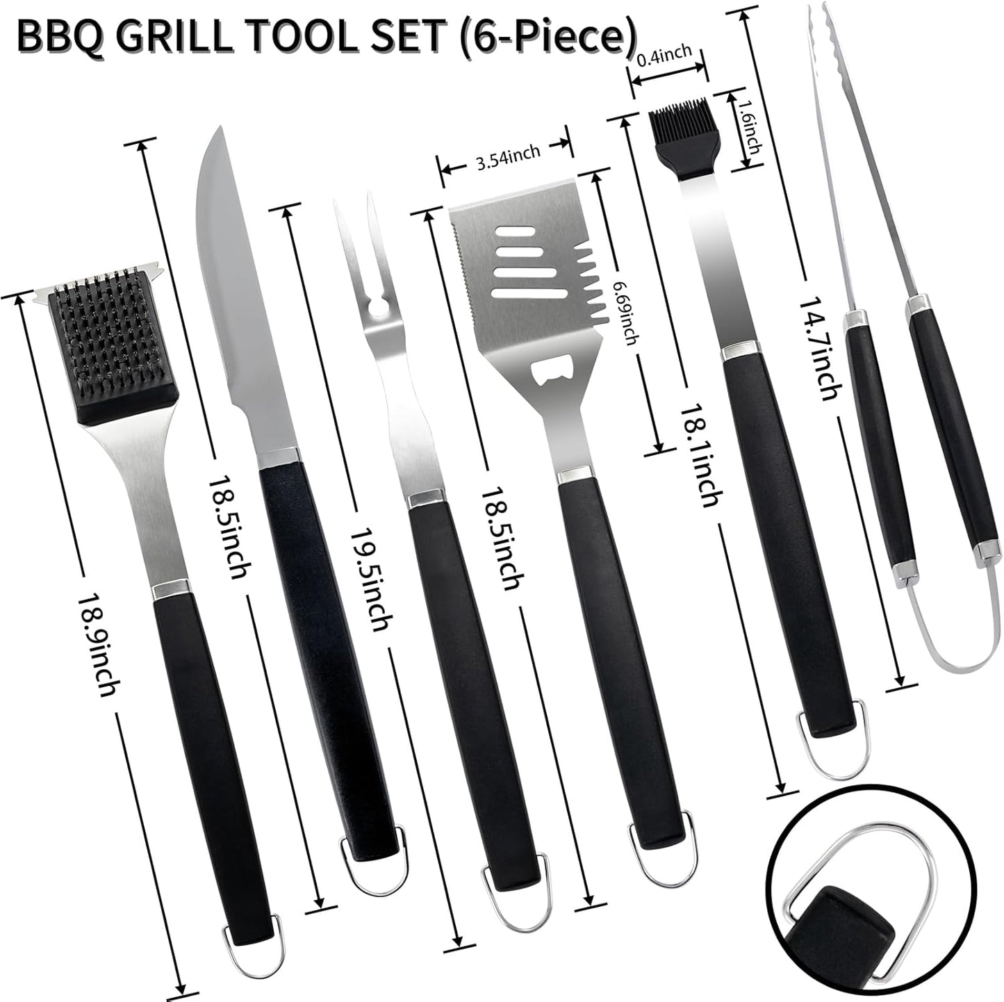 Supernal Pro Grill Master Kit -6pc Heavy Duty Stainless Steel BBQ Tools Set with Anti-Slip Handles|Commercial-Grade Spatula,Grill Brush,Basting Brush,Chef's Knife & More|Gift for Dad's Outdoor Cooking
