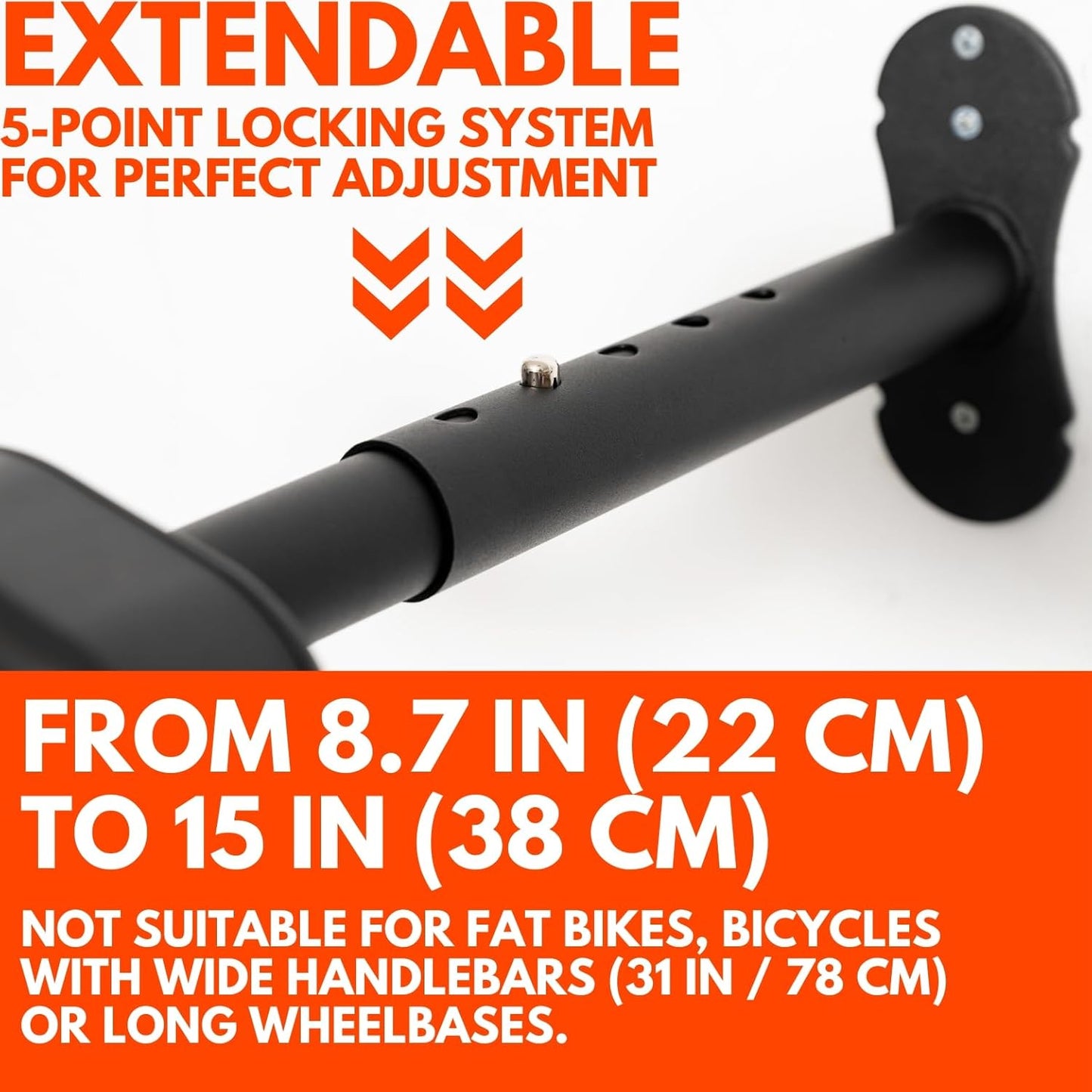 Bike Wall Mount - Horizontal Wall Hanger, Adjustable Design for Road, Mountain and Hybrid Bikes up to 48.5 lbs - Space-Saving Bike Rack for Garage or Apartment - Sturdy Indoor Bicycle Storage