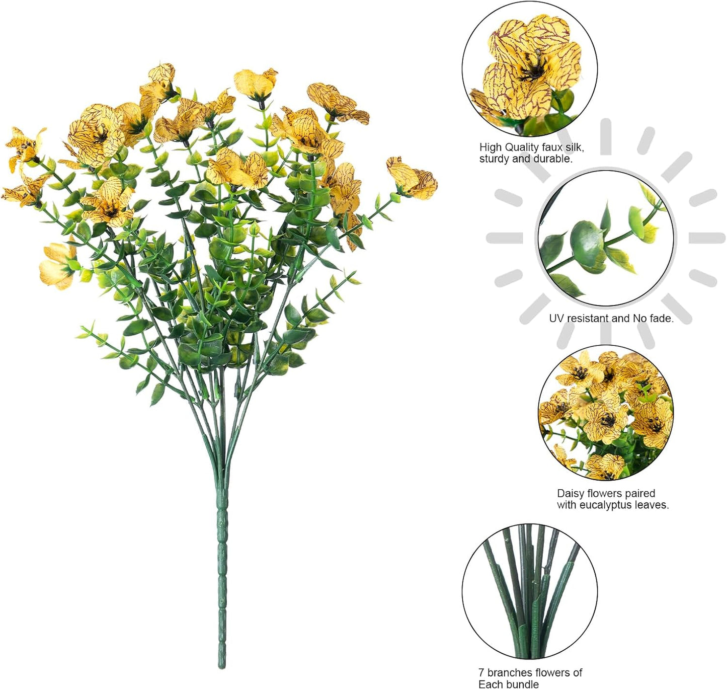 Artificial Fall Flowers Faux Mums for Outdoor Indoor Garden Home Decoration, Faux Flower Daisy with Eucalyptus Leaves Fake Plants Greenery Boxwood Porch Patio, 12 Bundles (Yellow)