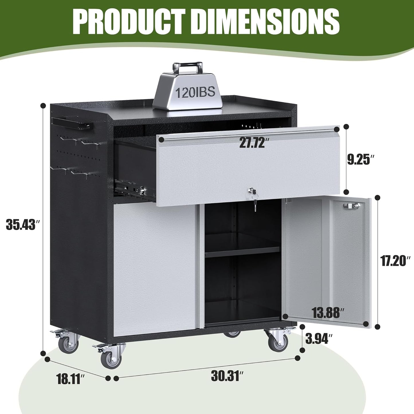 Metal Storage Cabinet on Wheels with 1 Drawer, Rolling Steel Garage Tools Cabinet with Side Pegboard &4 Hooks & 1 Adjustable Shelf for Garage,Shop,Home,Gray/Black, Assembly Required