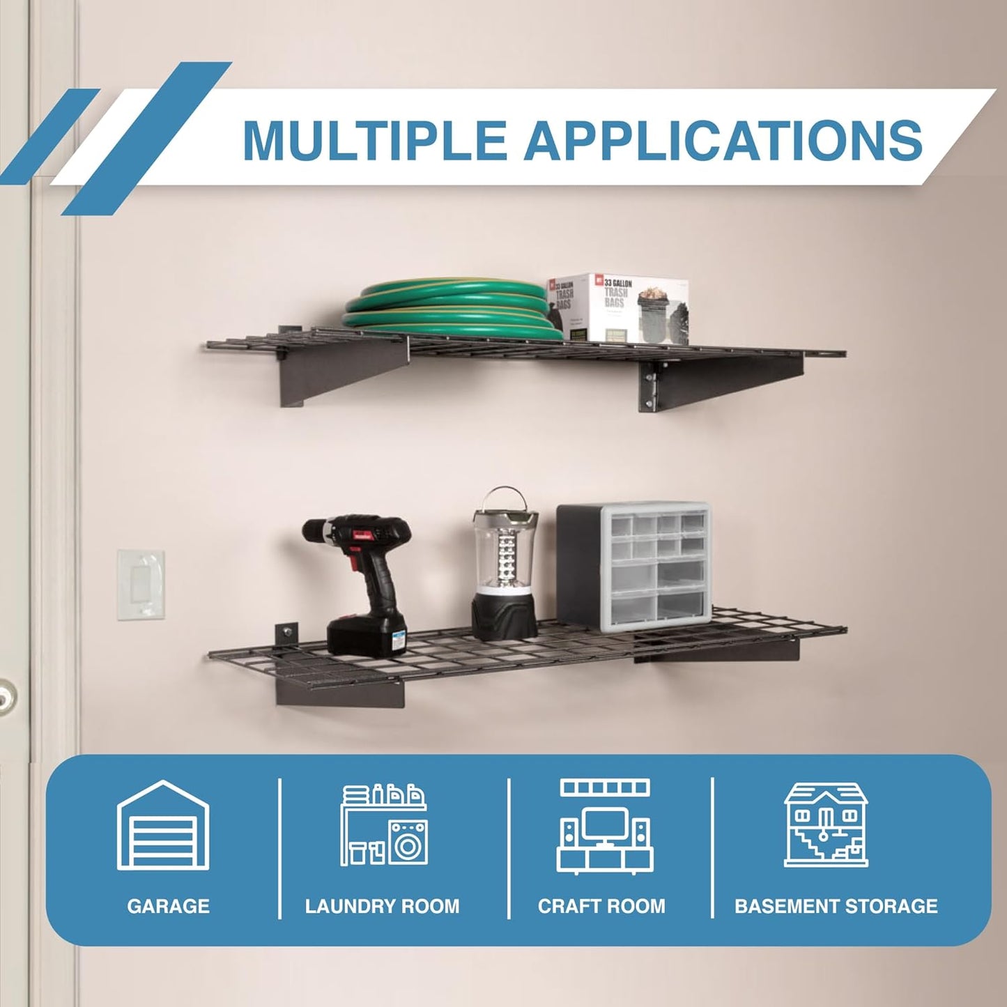 00630 2-Pack Heavy Duty Steel Wall Garage Shelving, 48-Inch X 24-Inch Wall Mounted Shelves for Garage Storage, Low-Profile Brackets, Max Shelf Load 150 Pounds, White Powder Coated Finish