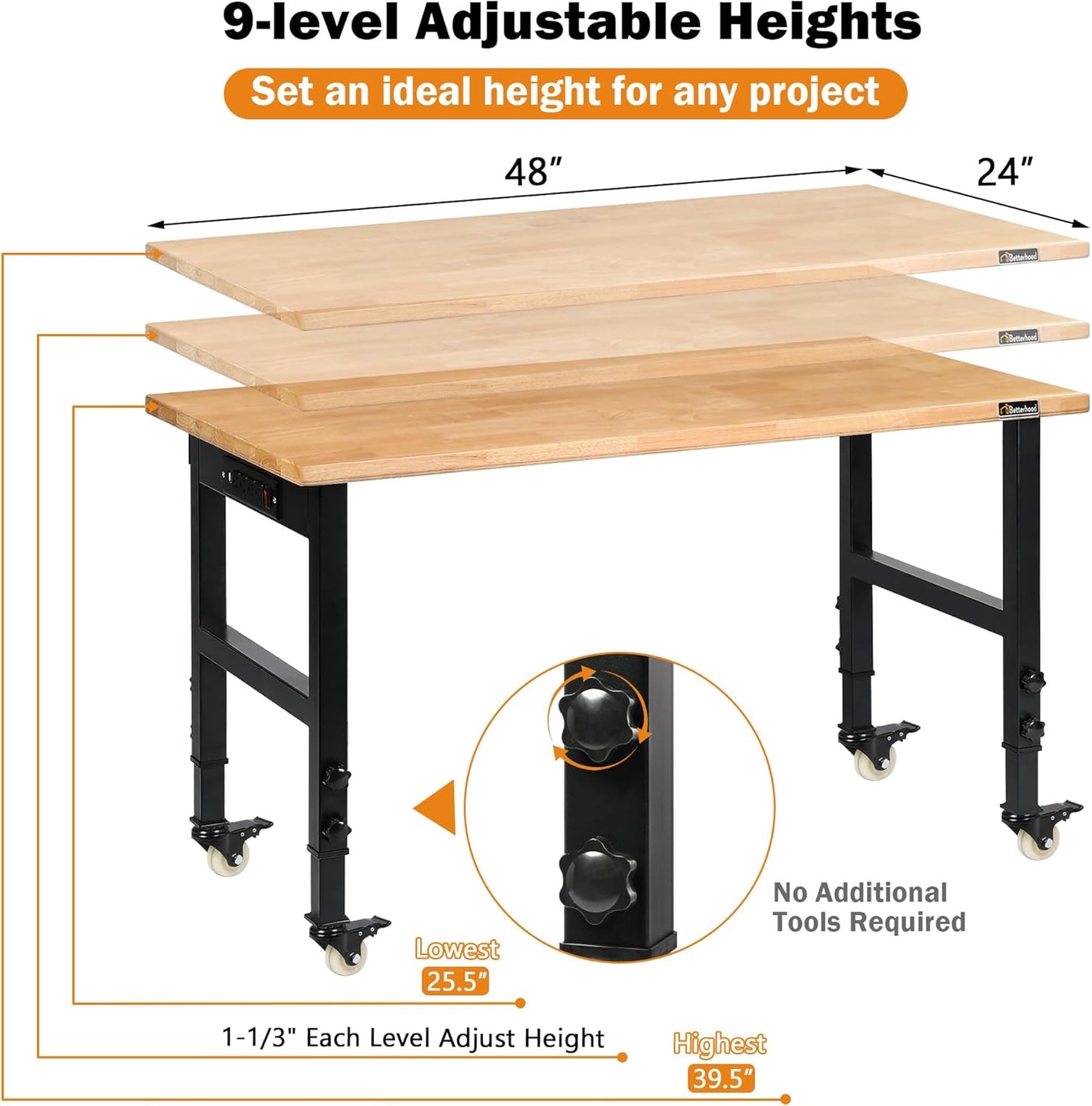 48" Adjustable Workbench for Garage, Rubber Wood Heavy Duty Workstation with Power Outlets & Wheels, 2000 LBS Load Capacity Hardwood Worktable for Workshop, Garage, Office, Home, Commercial