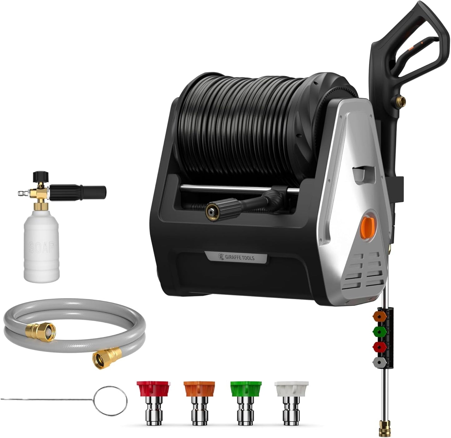 Giraffe Tools Wall Mounted Pressure Washer G30 with Upgraded 1800W Motor, Max 2900 PSI, 2.2 GPM Electric Power Washer with 100ft Retractable Black Pressure Hose, Automatic Rewind, Light Silver