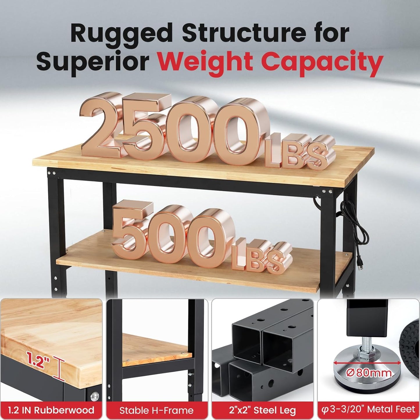 48 Inch Work Table for Garage Adjustable Height Rubber Wood Tabletop Workbench with Storage Work Bench Table with Power Outlets Pegboard Pad for Woodworking Shop Home Office