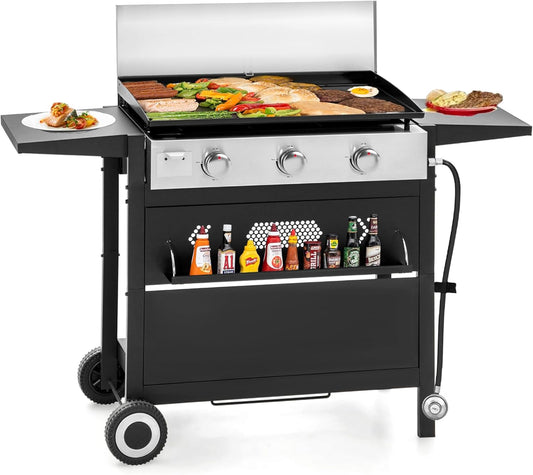GREEN PARTY 3 Burner Propane Gas Griddle with Removable Standing Cart, Convertible to Tabletop Design, 27 inch Flat Top Grill for Outdoor Cooking Camping Tailgating Barbecue