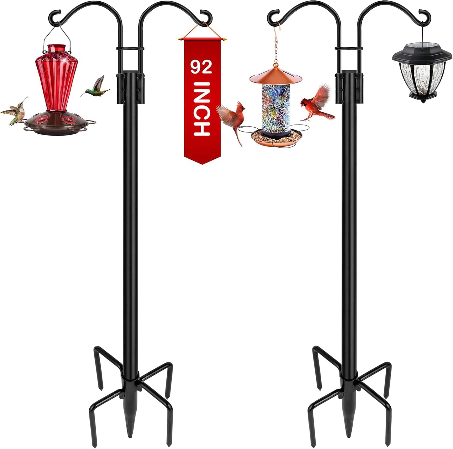 XDW-GIFTS Double Shepherds Hooks for Outdoor, 2-Pack Heavy Duty Garden Pole for Hanging Bird Feeder, Plant Baskets, Solar Light Lanterns, Garden Plant Hanger Stands with 5 Base Prongs