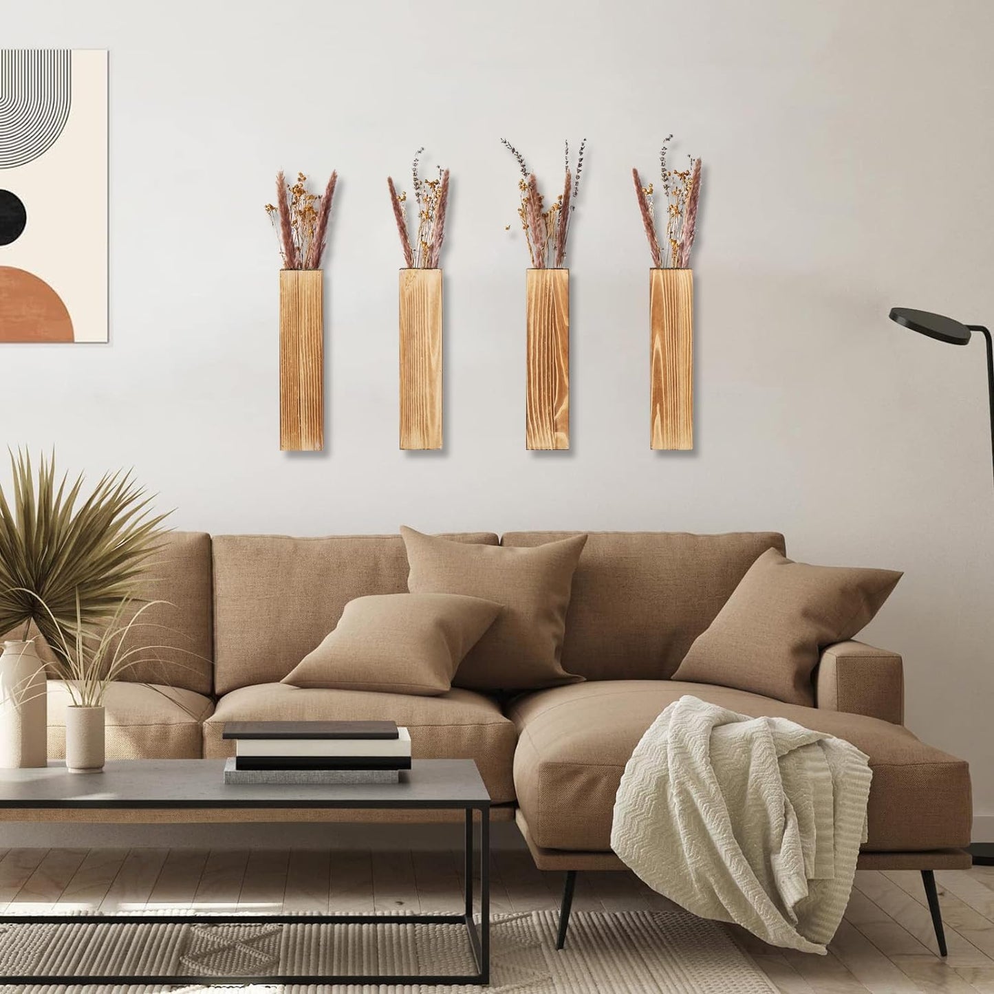 Wooden Wall Planter Set of 4 - Modern Home Decor for Living Room, Bedroom, Bathroom - Brown Finish Planter for Dried Flowers, Faux Greenery, Indoor Plants