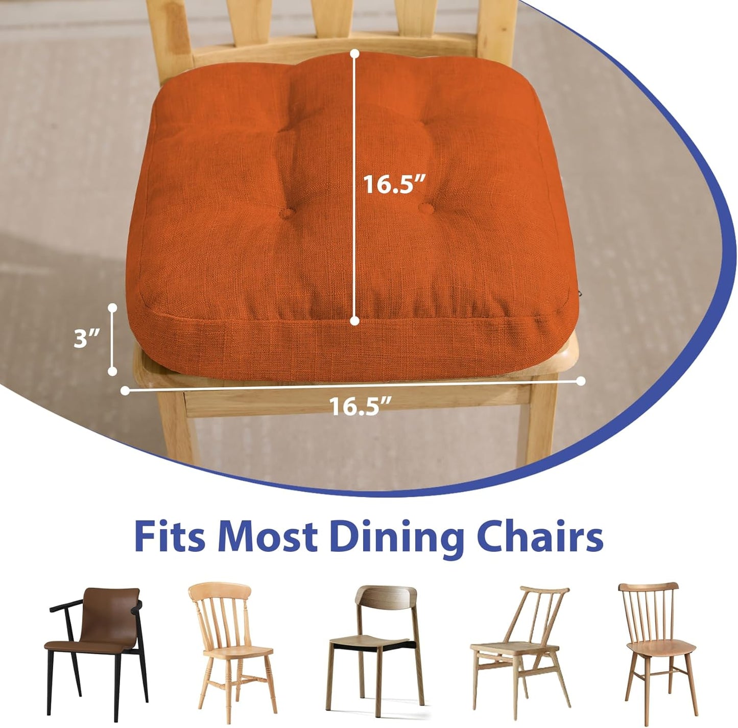Chair Cushions for Dining Chairs, Dining Chair Cushions, Tufted Indoor Chair Pads with Ties & Non Slip Backing, Seat Cushions for Kitchen Chairs 16.5” x 16.5” x 3.5”, Set of 6, Orange