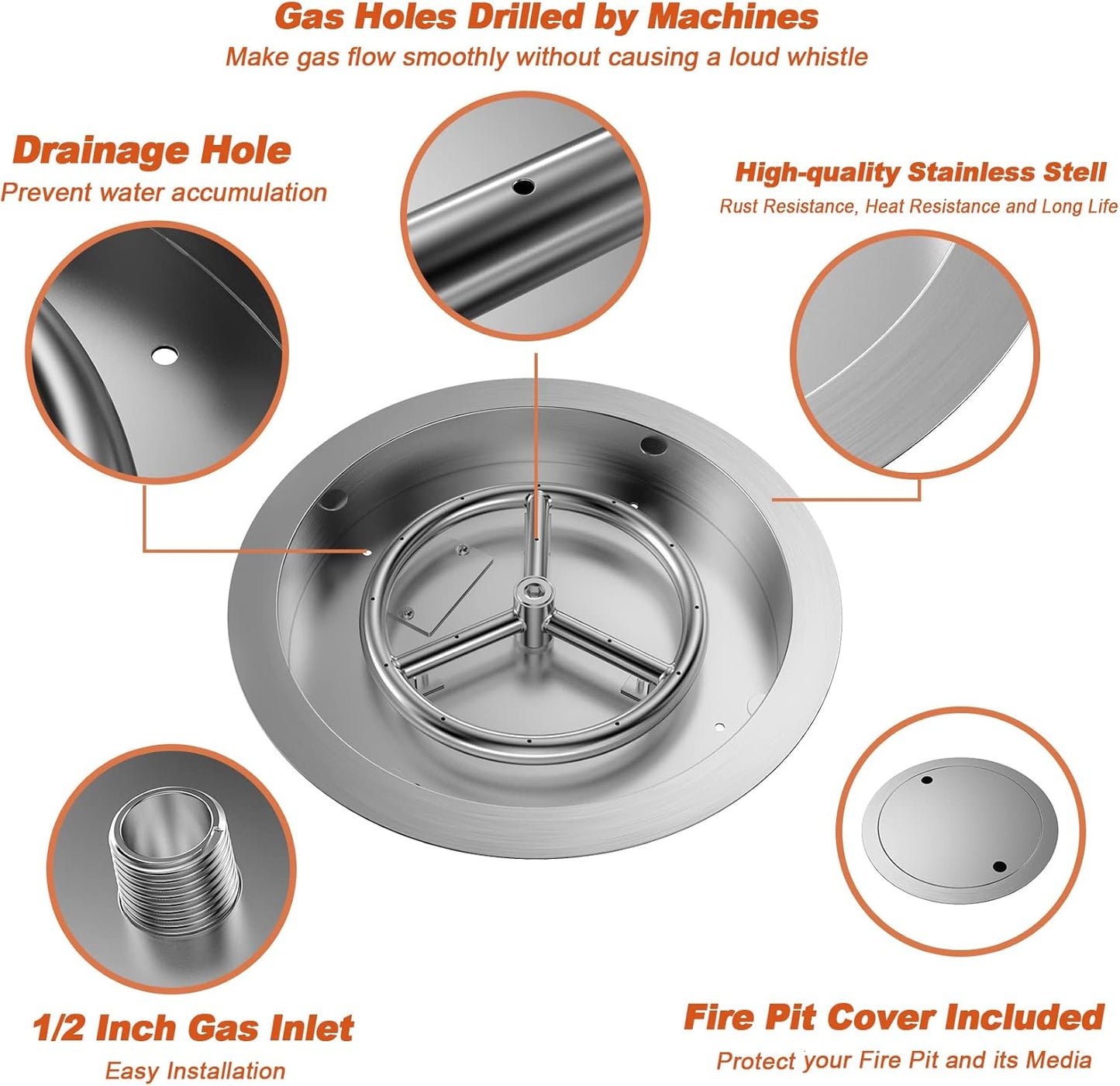 Skyflame 13 Inch Round Stainless Steel Drop in Fire Pit Pan Fire Bowl with Burner Ring and Protective Cover