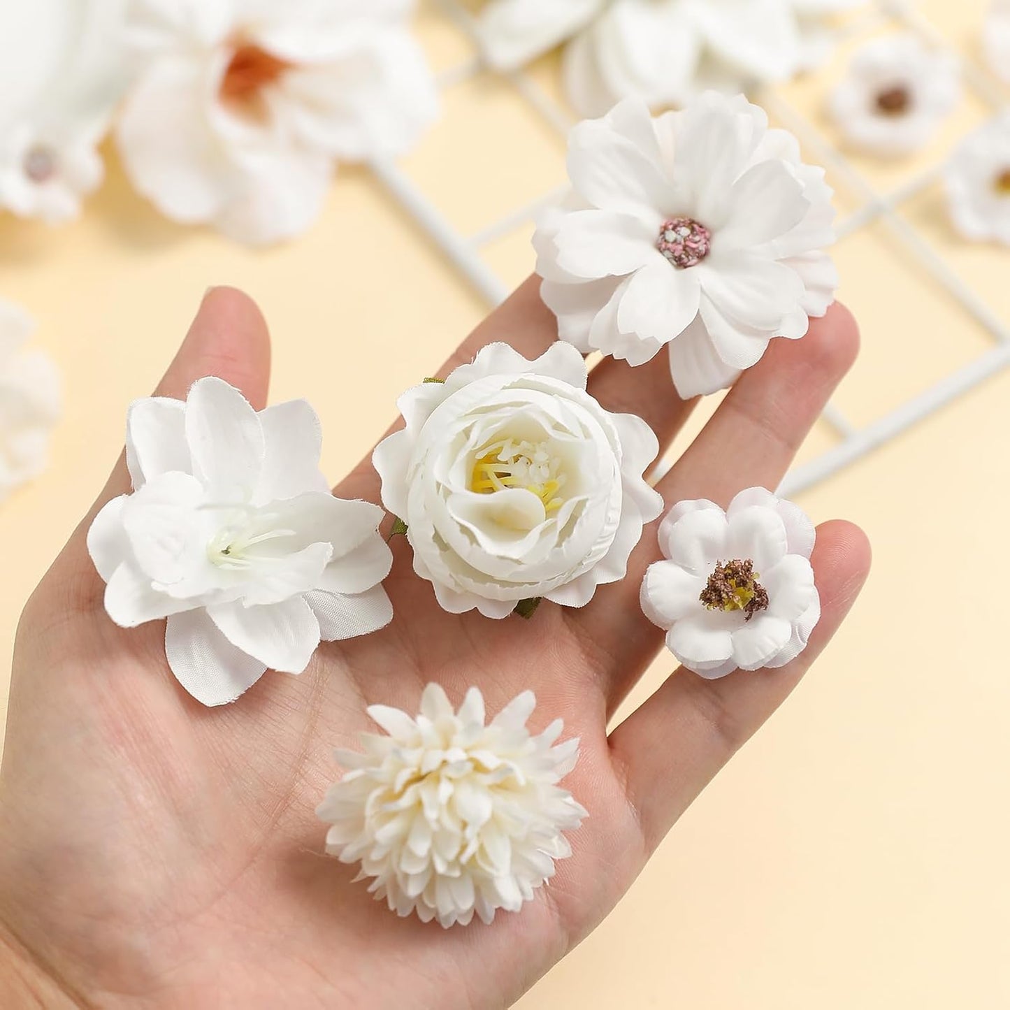 YYHUAWU Fake Flower Heads Mini White Artificial Flower Faux Dahlia Rose Flowers Multicolor Silk Daisy Flower Heads for Craft Garland Wedding Bridal Baby Shower Home Party Decoration DIY Cake Decor
