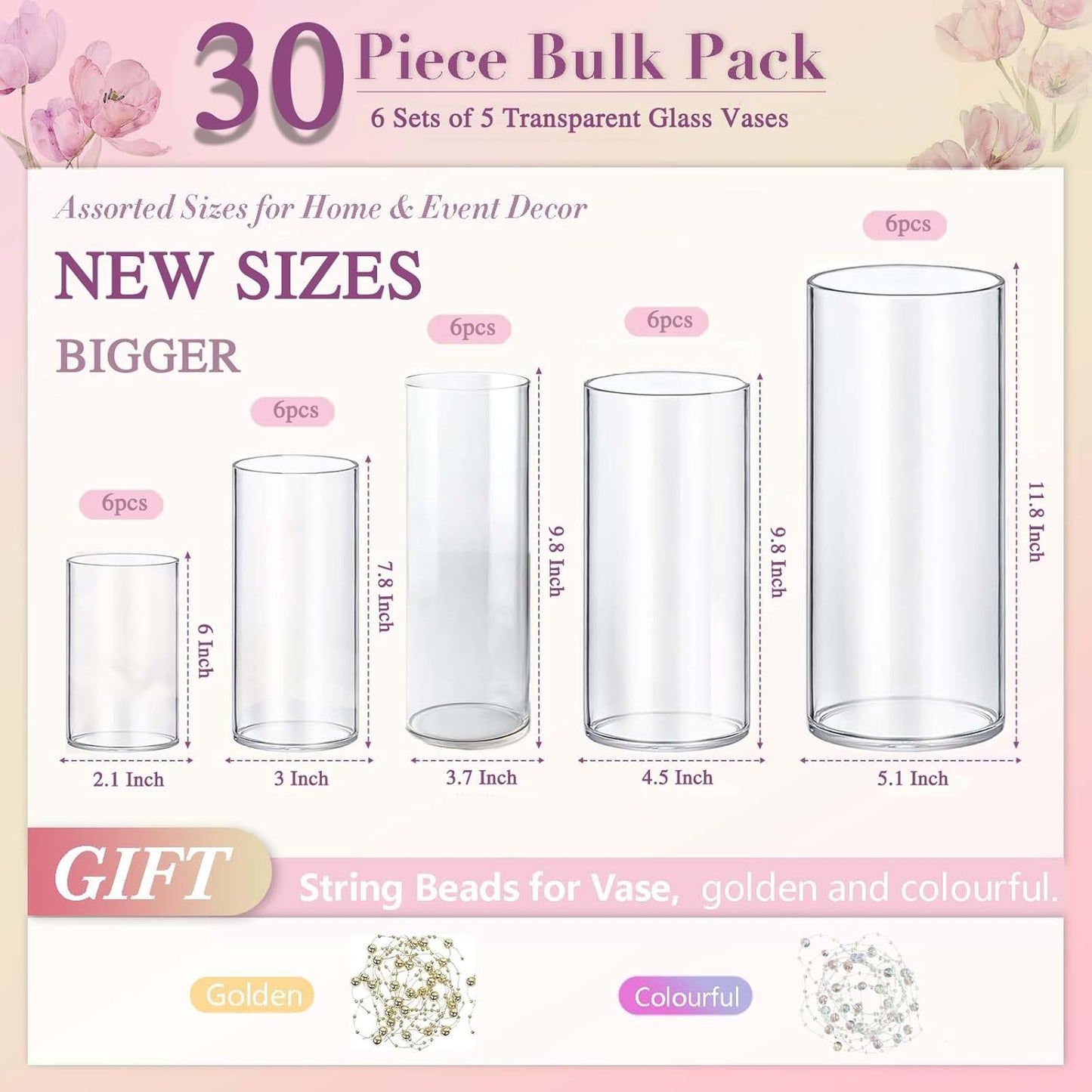 30pcs 11.8Inch Large Size Glass Vase Cylinder for Centerpieces Small Flower Glass Clear Home Decor Centerpiece Table Flower Vase Decorations for Wedding＆Holiday 6,7.9,10,10,11.8Inch Tall